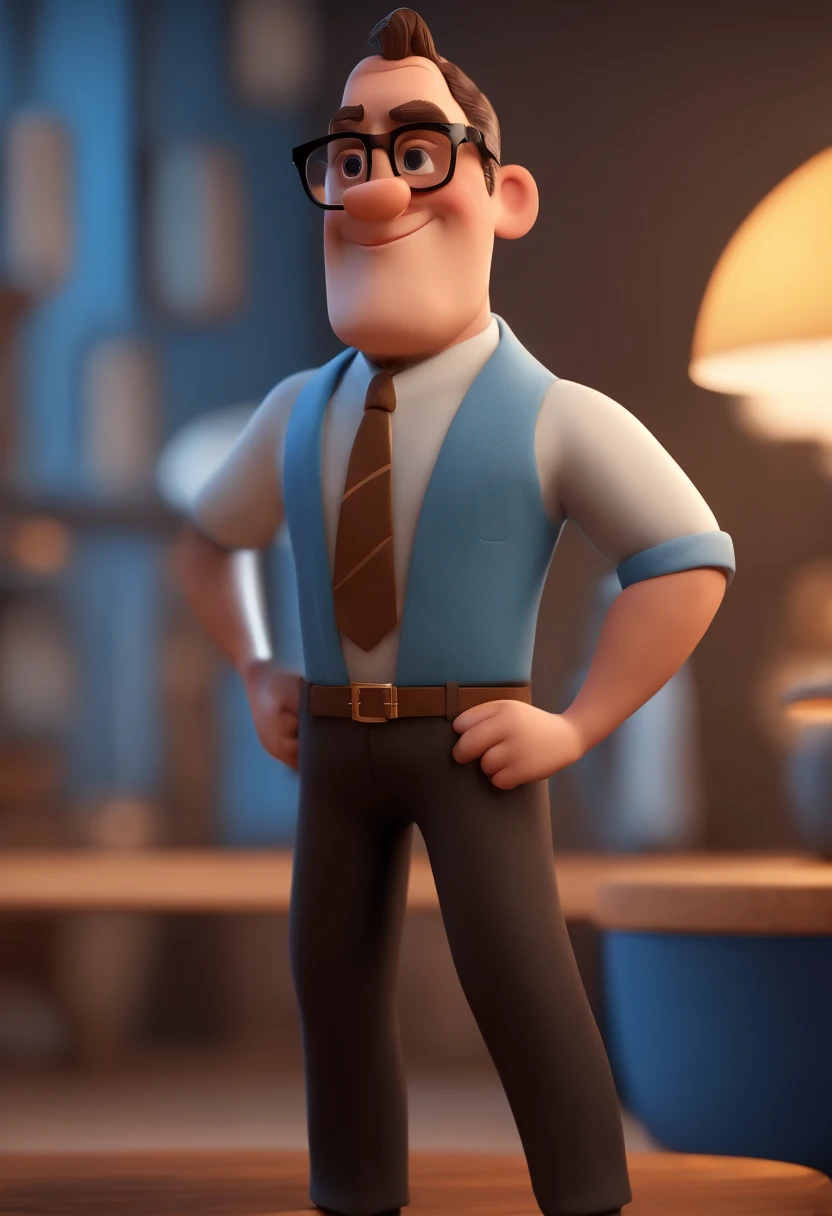Cartoon character of a man with black glasses and a blue shirt, animation character, Caractere estilizado, animation style rendering, 3D estilizado, Arnold Maya render, 3 d render stylized, toon render keyshot, Personagem 3D, Personagem 3D, 3d rendering stylized, 3 d character render, personagem de desenho animado, Personagem de close up, Pose de personagem,  (Estilo Pixar) (master part:1.2) (Bokeh) (best quality) (pele detalhada) (textura detalhada) (8k) (argila) (Cinematic lighting) (foco nítido