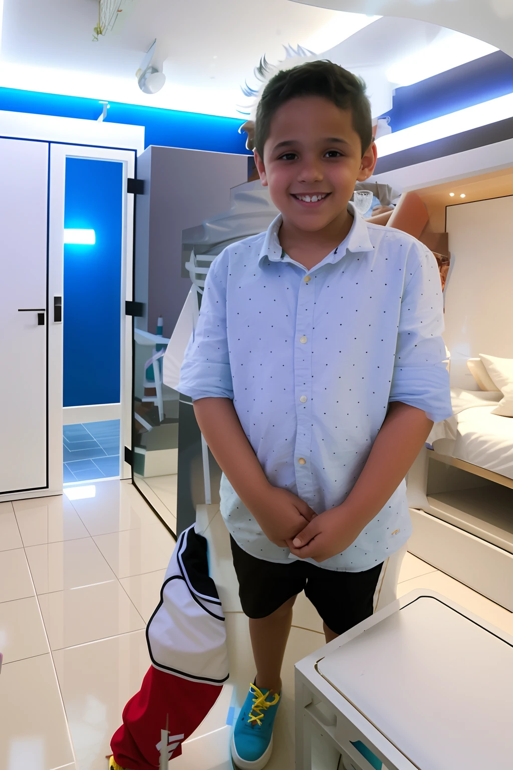 Menino, 9 anos, moreno, cabelo curto, sorridente, in a futuristic room