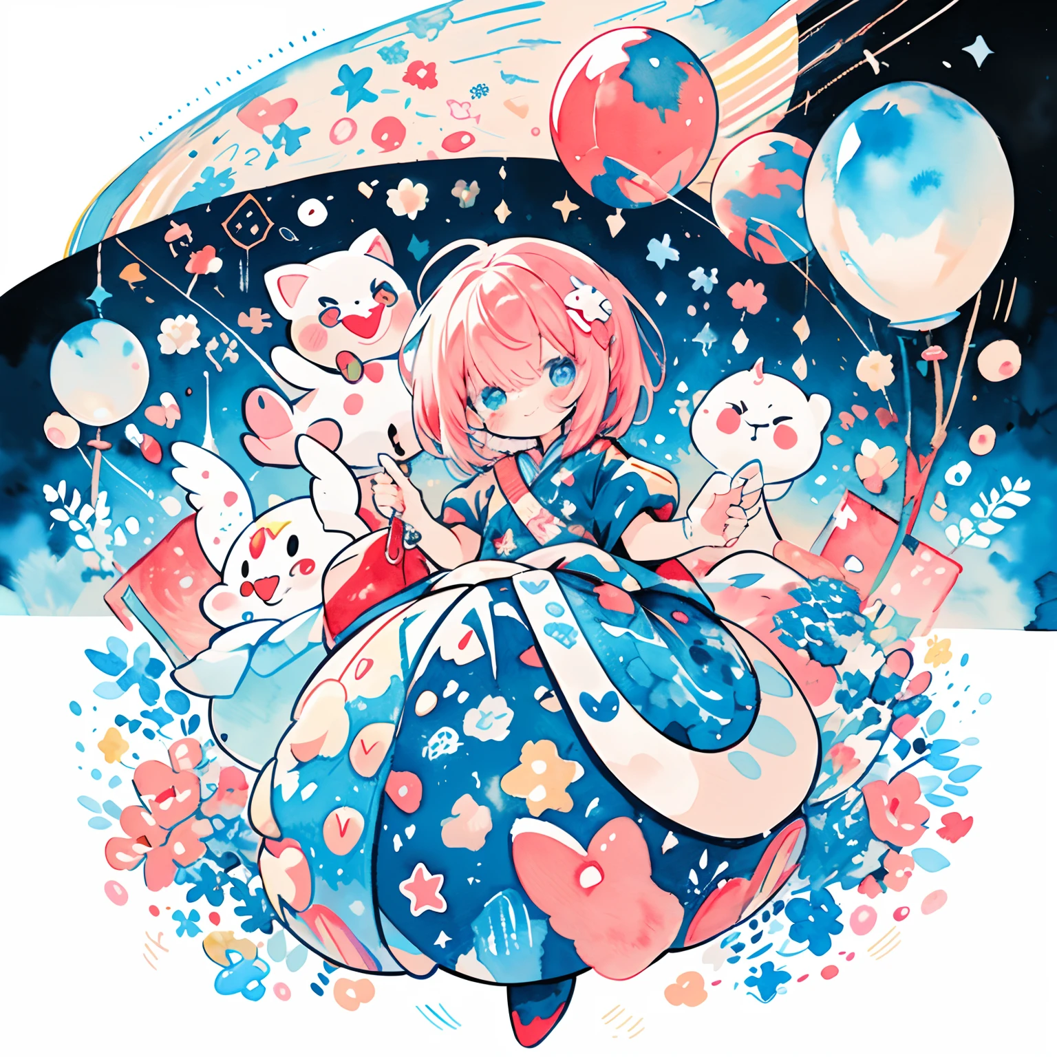 (PastelColors:1.5)、(Cute illustration:1.5)、(watercolor paiting:1.2)、1 Youth Full Body Subian、facing front、Red and white themed clown、Get on the ball、Fantasia、Chinese、Light red hair、short-hair、Red Clown Clothes、Happiness、Happiness、kirakira、smil、The best smile、white, Red and blue motifs、Little Lion、Tear makeup under the eyes、Light Blue Teardrop Face Paint、bouncing hair、(Clown Girl:1.2)