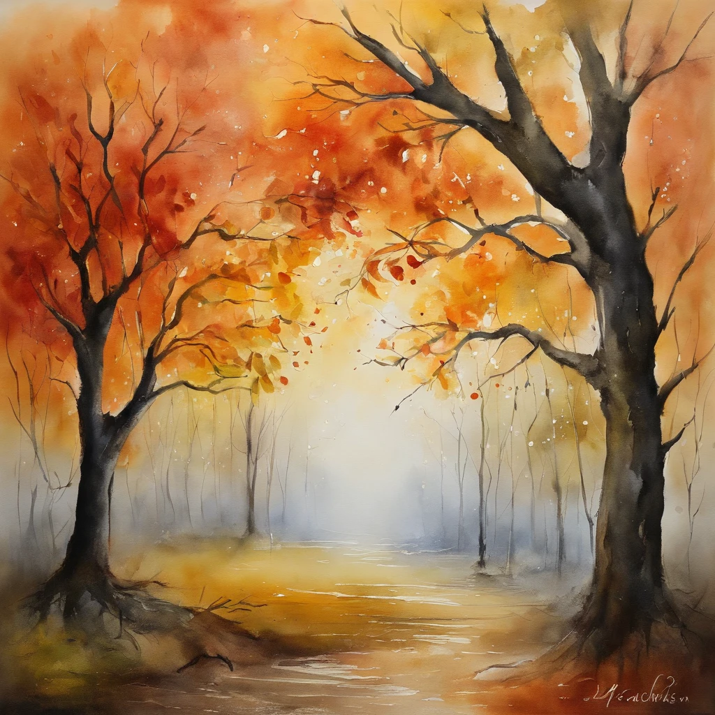 Watercolor painting depicting the song 4 seasons of the year (inverno,outono, 夏天 & primavera) do compositor Vivaldi: : trending on ArtStation: : Simple composition creates a sense of order and harmony. A pintura captura as qualidades espirituais do mundo natural. --uplight --ar 9:16, cores vibrantes