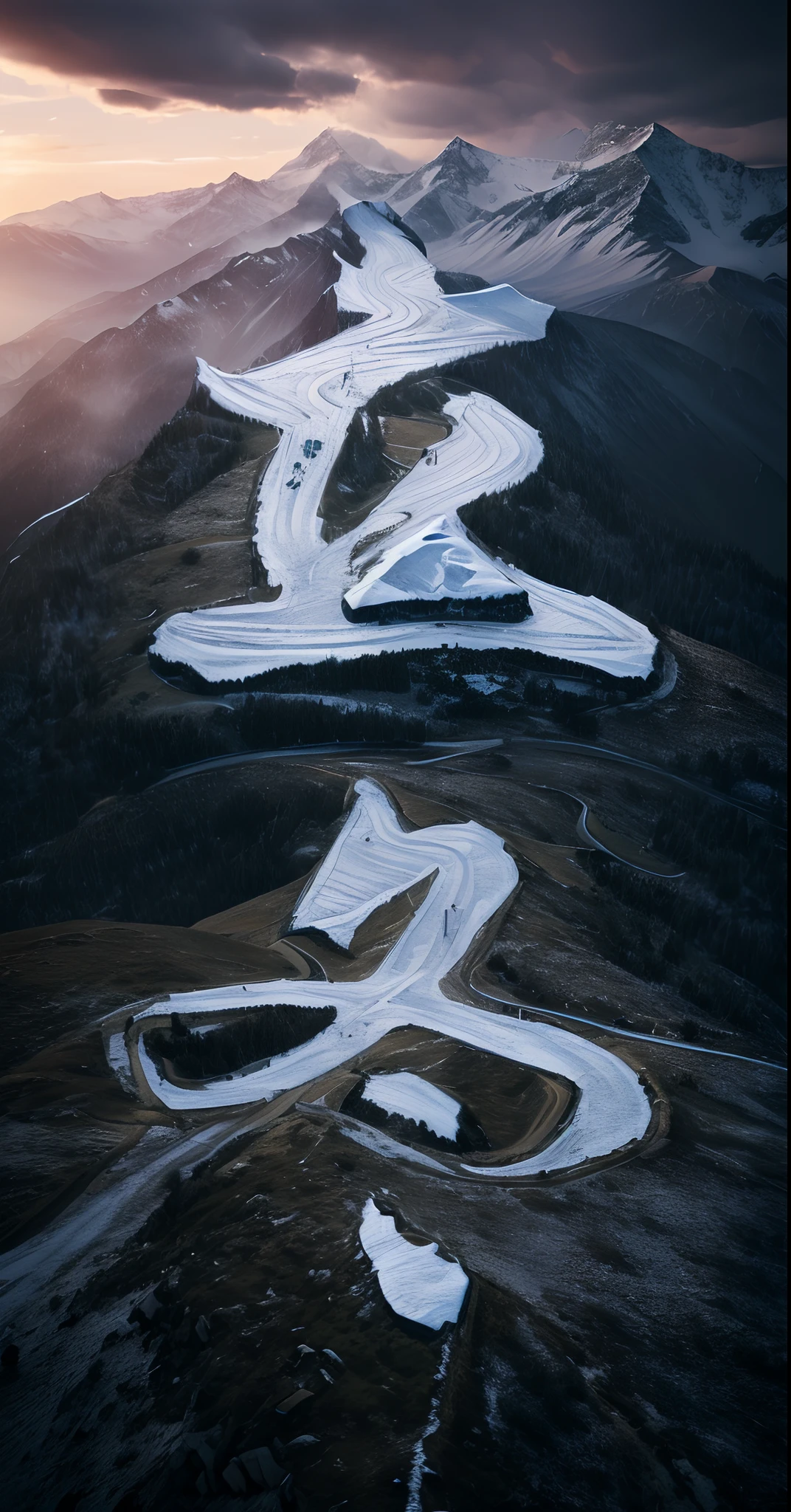snowy peak，rios，Meandering，Clouds，(Complicated details），hdr，（Complicated details，hyperdetailed:1.2)，down view，Cinema lenses，Vignette，at centre