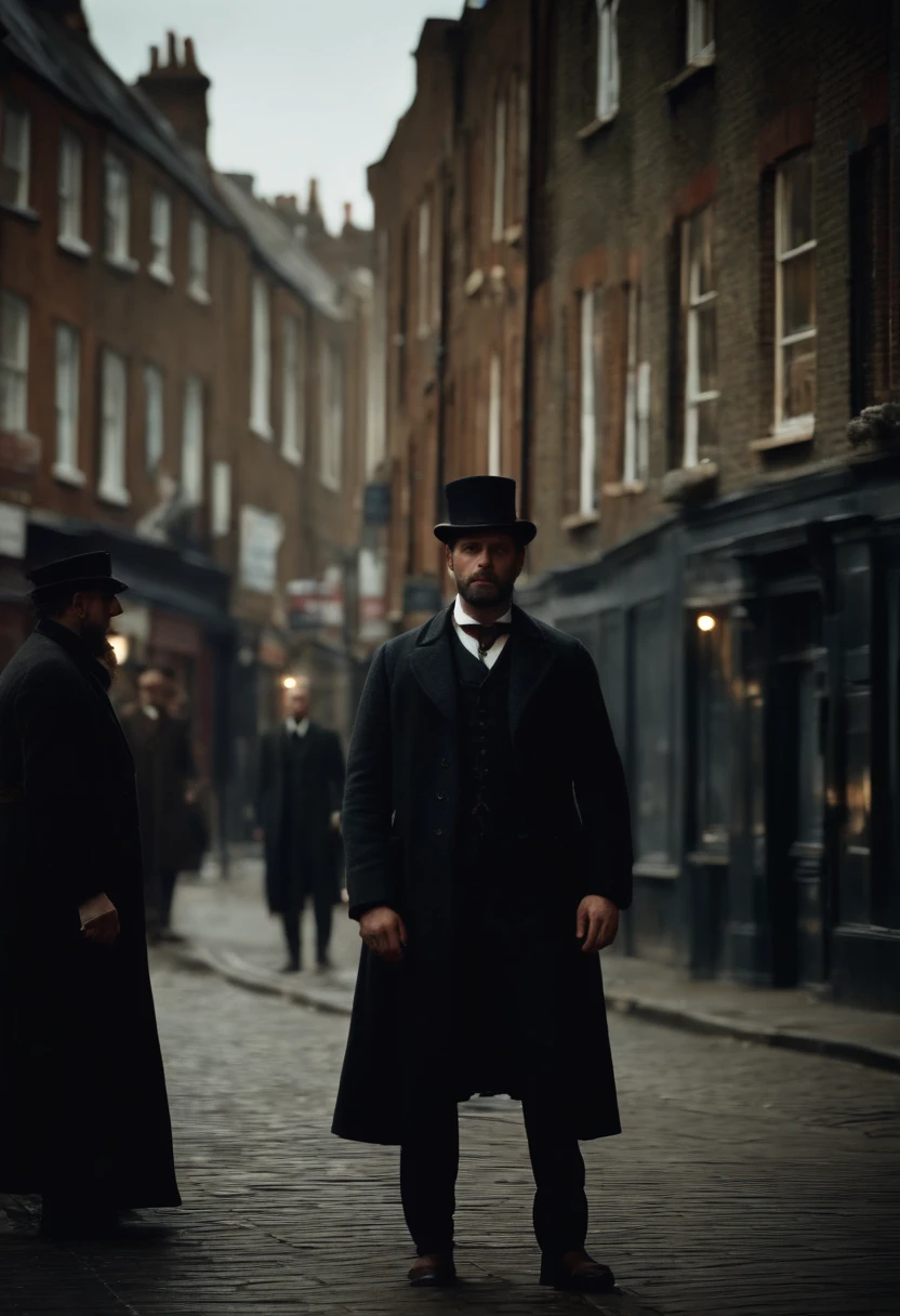 5 people, torn outfit, Tired and exhausted, Stand on a dark street in Whitechapel, london, 1888, Hyper-realistic, Foto realism, Cinematography, --AR9:16, detail in face: highr, Marine art