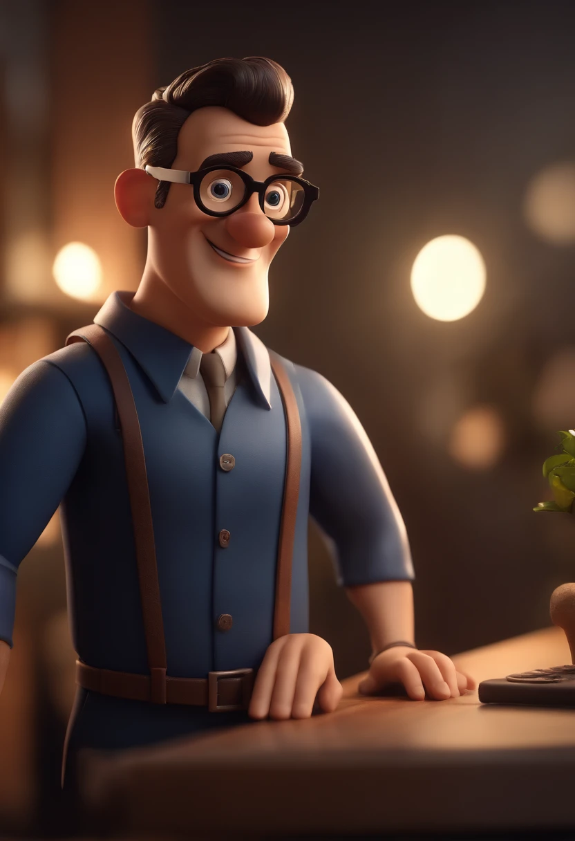 Cartoon character of a man wearing black glasses and a blue shirt, um personagem animado, Caractere estilizado, animation style rendering, 3D estilizado, Arnold Maya render, 3 d render stylized, toon render keyshot, Personagem 3D, Personagem 3D, 3d rendering stylized, 3 d character render, personagem de desenho animado, Personagem de close up, Pose de personagem, (Estilo Pixar) (master part:1.2) (Bokeh) (best quality) (pele detalhada) (textura detalhada) (8k) (argila) (Cinematic lighting) (foco nítido，Senta e vaza a parte superior do corpo