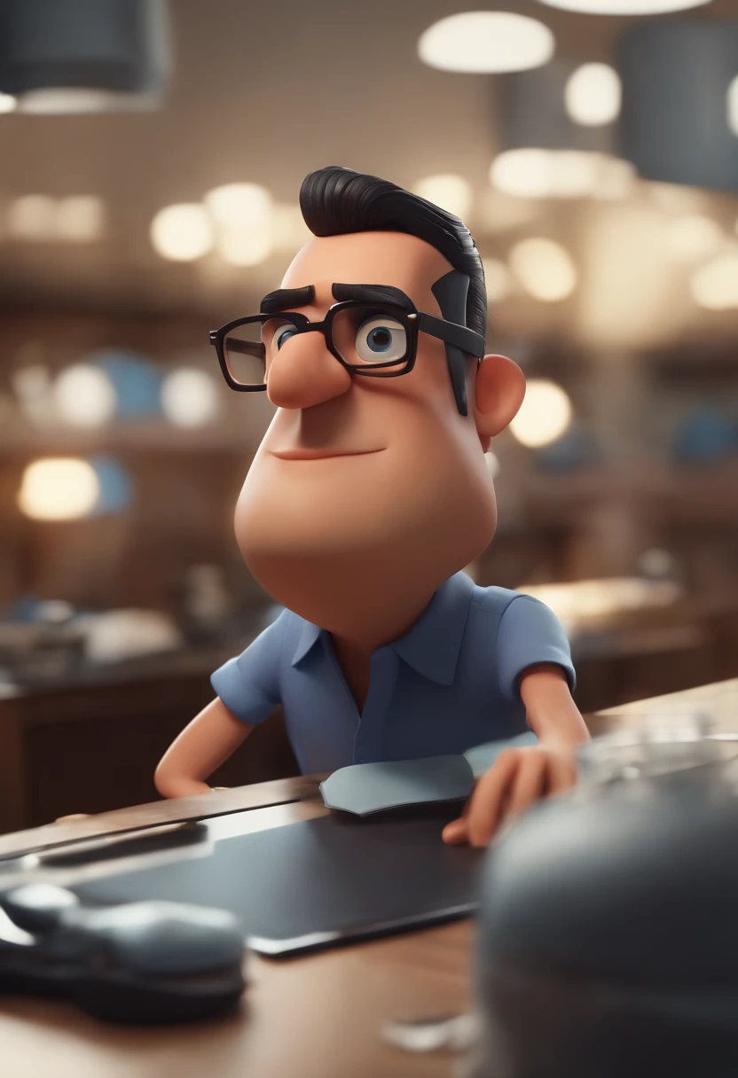 Cartoon character of a man wearing black glasses and a blue shirt, um personagem animado, Caractere estilizado, animation style rendering, 3D estilizado, Arnold Maya render, 3 d render stylized, toon render keyshot, Personagem 3D, Personagem 3D, 3d rendering stylized, 3 d character render, personagem de desenho animado, Personagem de close up, Pose de personagem, (Estilo Pixar) (master part:1.2) (Bokeh) (best quality) (pele detalhada) (textura detalhada) (8k) (argila) (Cinematic lighting) (foco nítido,Senta e vaza a parte superior do corpo