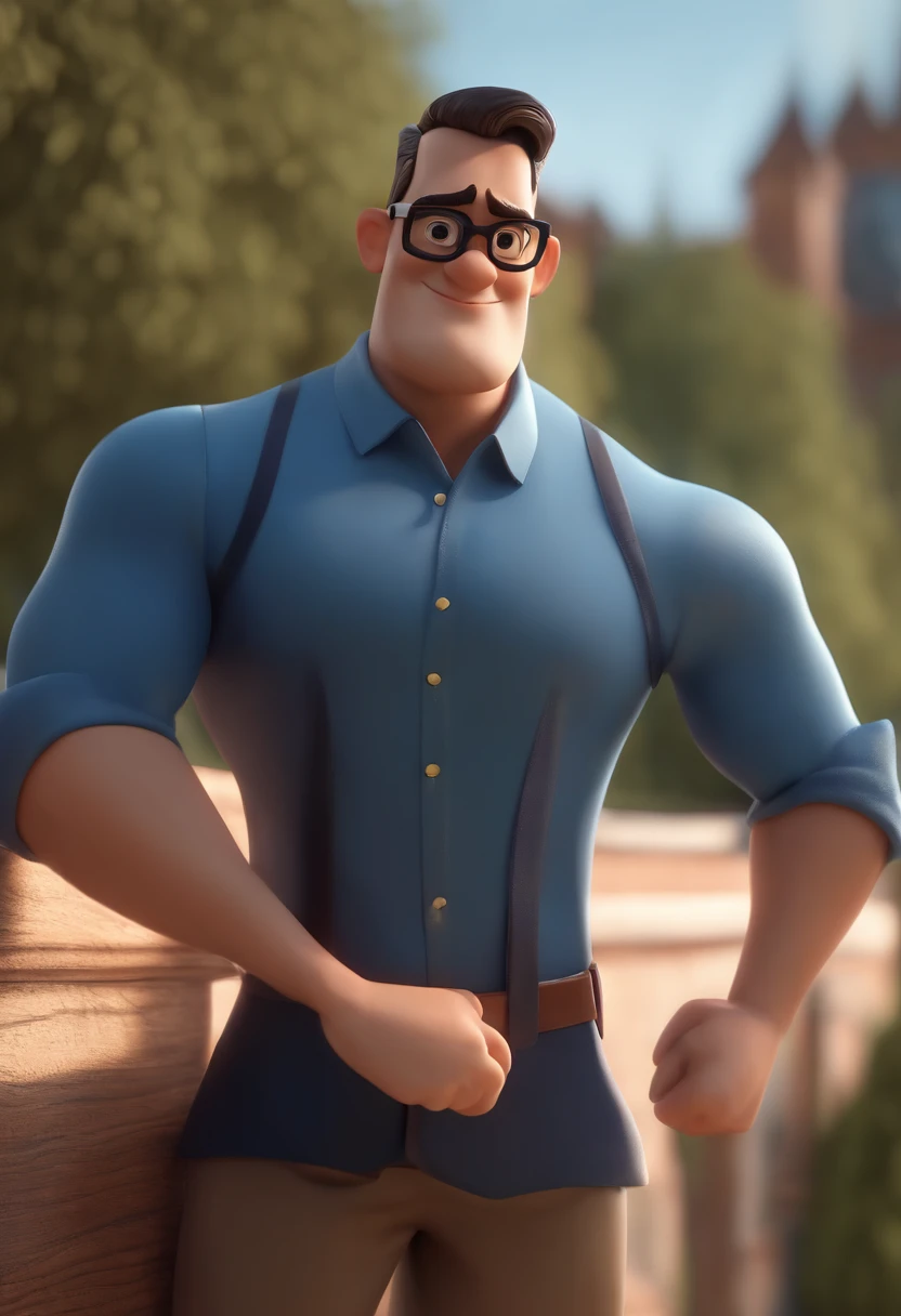 Cartoon character of a man wearing black glasses and a blue shirt, um personagem animado, Caractere estilizado, animation style rendering, 3D estilizado, Arnold Maya render, 3 d render stylized, toon render keyshot, Personagem 3D, Personagem 3D, 3d rendering stylized, 3 d character render, personagem de desenho animado, Personagem de close up, Pose de personagem, (Estilo Pixar) (master part:1.2) (Bokeh) (best quality) (pele detalhada) (textura detalhada) (8k) (argila) (Cinematic lighting) (foco nítido,Senta e vaza a parte superior do corpo