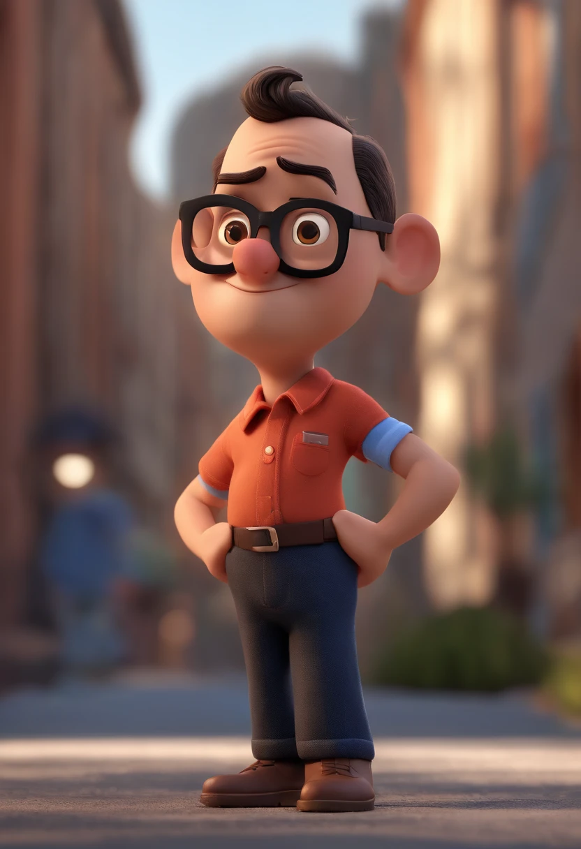 Cartoon character of a man wearing black glasses and a blue shirt, um personagem animado, Caractere estilizado, animation style rendering, 3D estilizado, Arnold Maya render, 3 d render stylized, toon render keyshot, Personagem 3D, Personagem 3D, 3d rendering stylized, 3 d character render, personagem de desenho animado, Personagem de close up, Pose de personagem, (Estilo Pixar) (master part:1.2) (Bokeh) (best quality) (pele detalhada) (textura detalhada) (8k) (argila) (Cinematic lighting) (foco nítido,Senta e vaza a parte superior do corpo