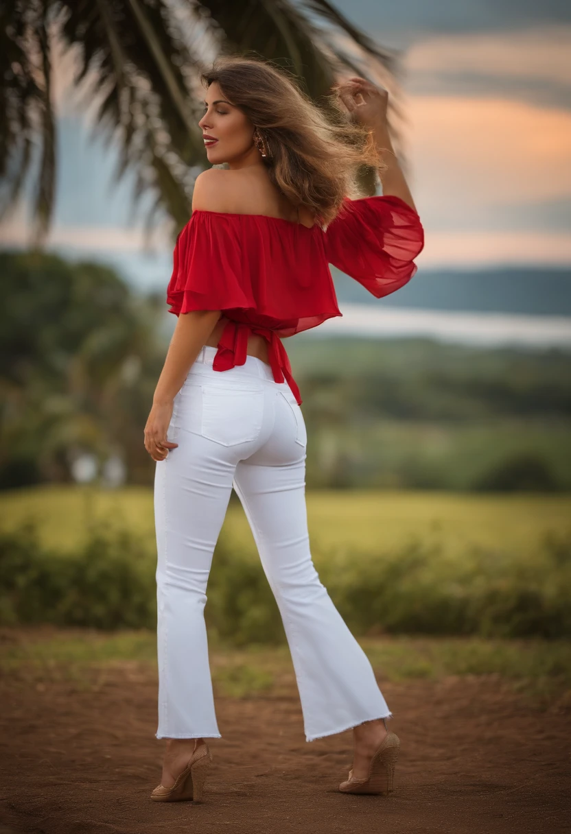 mulher com roupas da decada de 70, Dancing and singing, White jeans, blusa na cor vermelha com mangas curta