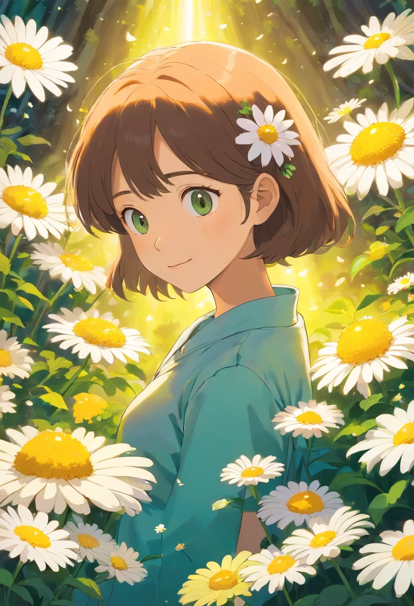 Generate an image showcasing a dense cluster of daisies in full bloom. The daisies should have bright white petals and distinct yellow centers. Illuminate them with soft sunlight to make the petals appear luminescent against a contrasting backdrop of dark green leaves. The overall scene should be densely packed, giving the impression of an endless sea of flowers. Lighting effects should be carefully employed to highlight the textures and details of the petals and to create a radiant glow around each flower. Aim for a visual representation that evokes feelings of freshness, tranquility, and the serene beauty of nature.