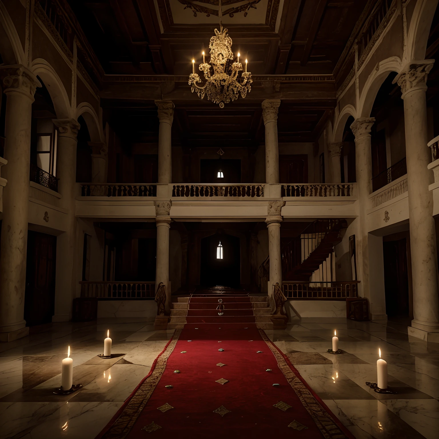 Escadaria de um castelo assombrado, com tapetes vermelhos rasgados, large floor-to-ceiling windows, candelabro em queda, Abandoned coffin, ambiente mal iluminado, candles scattered on the floor, Apartamento Marmore, Large hall with very high ceilings, Assombrando