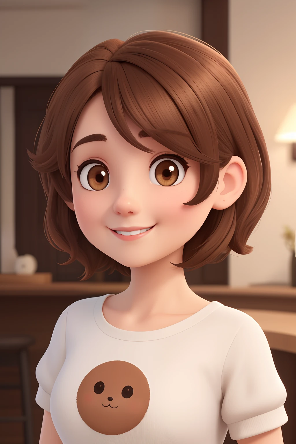 a 30 yo woman, with short brown hair, face round, with a round face，adorable smile, and brown eyes