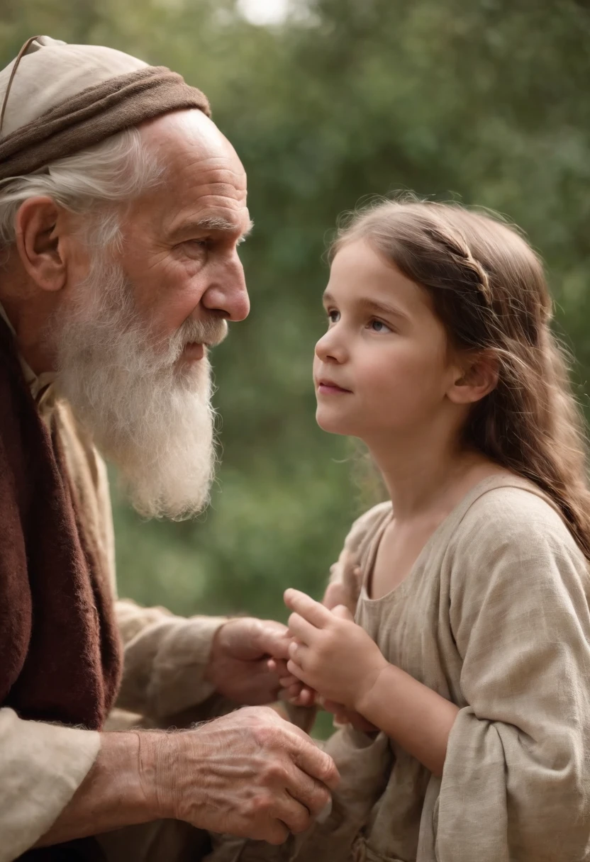 Old man talking with young daughter, Biblical characters from the New Testament of the Bible,
