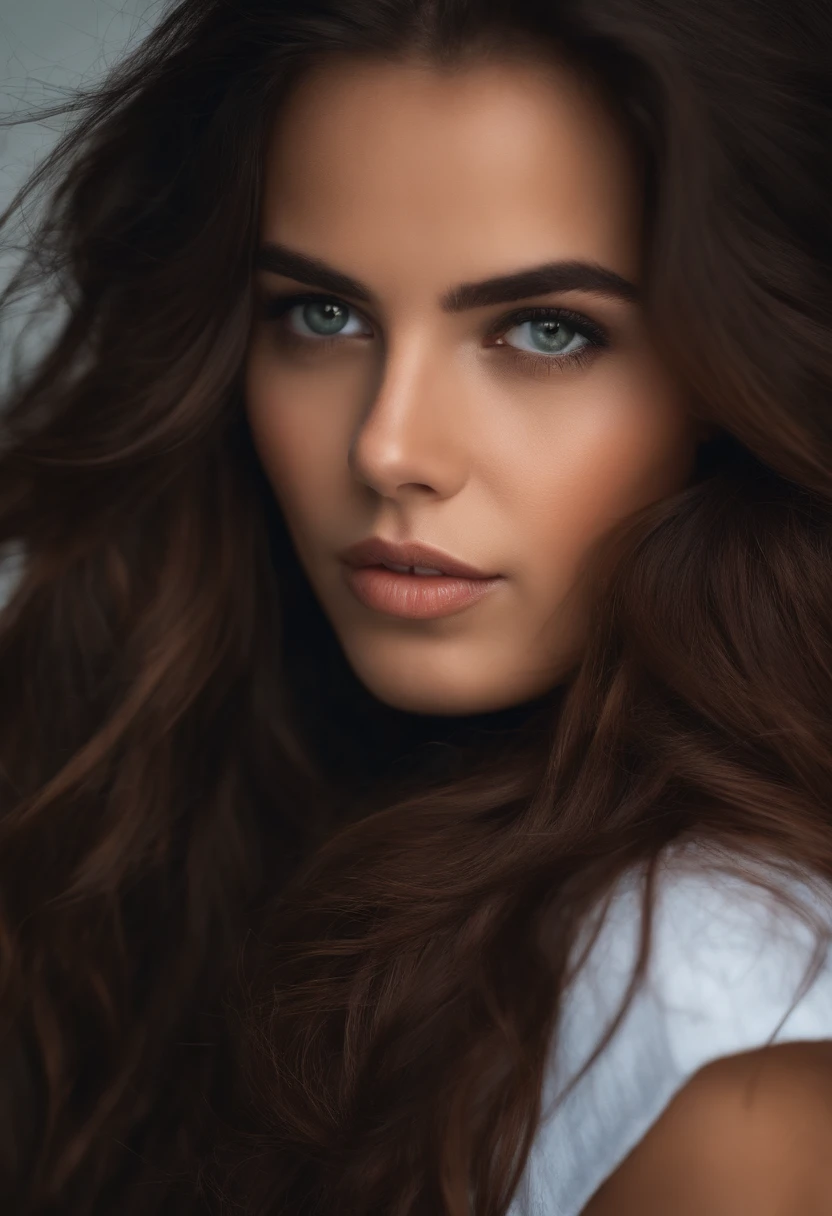 brunette girl, cabelos lisos e longos, looks into the camera