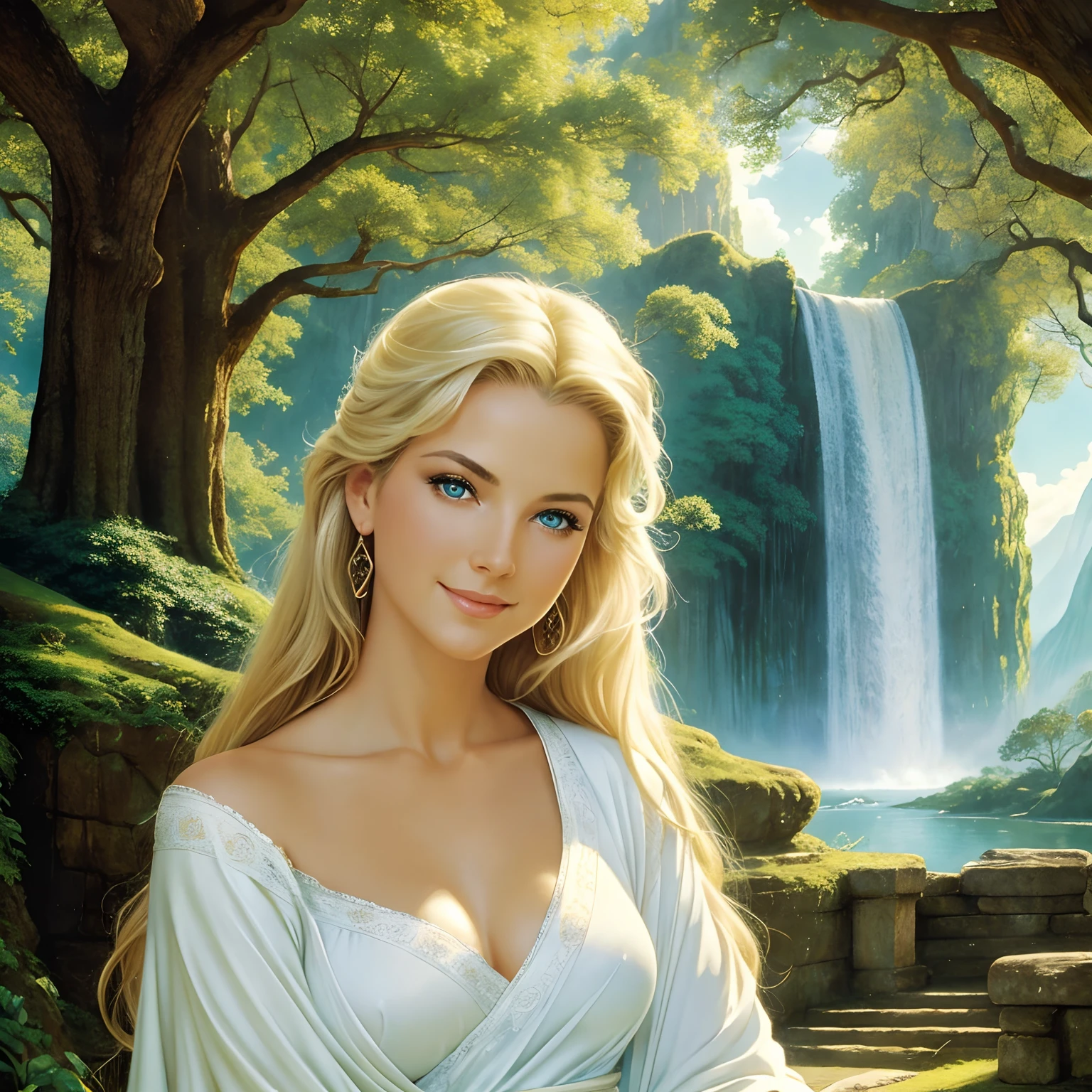 masterpiece, realistic, the most beautiful mature woman, small blue eyes, radiant makeup, wonderous and natural grace, pleasant smile, fun filled and playful, beautiful flowing blonde hair, flowing white robes, perfect angel wings, inside a beautiful ancient granite palace, tall green trees, fantastic sunny day with puffy clouds in the sky, by Frank Frazetta, by Luis Royo, by boris vallejo,