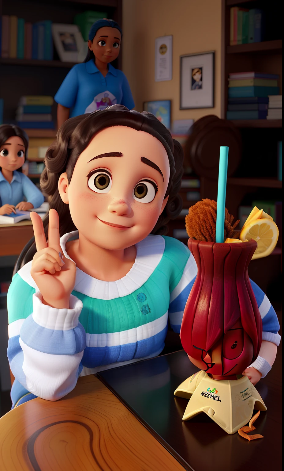 Uma menina de 5 anos, pele branca, cabelos encaracolados, cabelos curtos, altura mediana, rosto redondo, nariz fino, olhos pequenos, no pano de fundo de uma biblioteca, bebendo drink