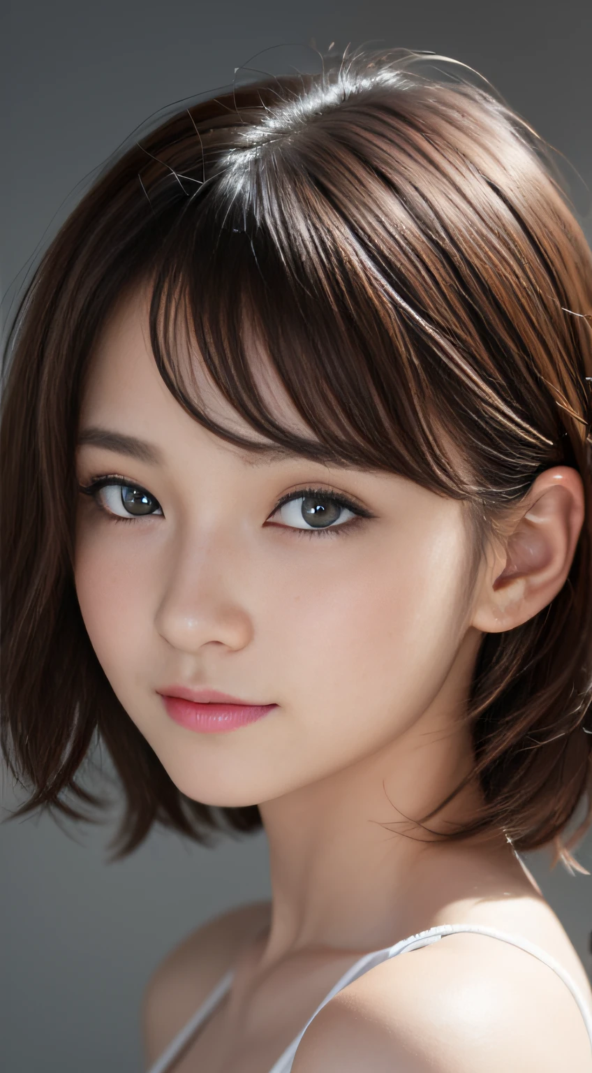 masutepiece, Best Quality, Illustration, Ultra-detailed, finely detail, hight resolution, 8K Wallpaper, Perfect dynamic composition、27 year old cute girl、detailed beautiful faces、detailed cute eyes、Textured skin、A faint smile、Wavy brown short-cut hair、