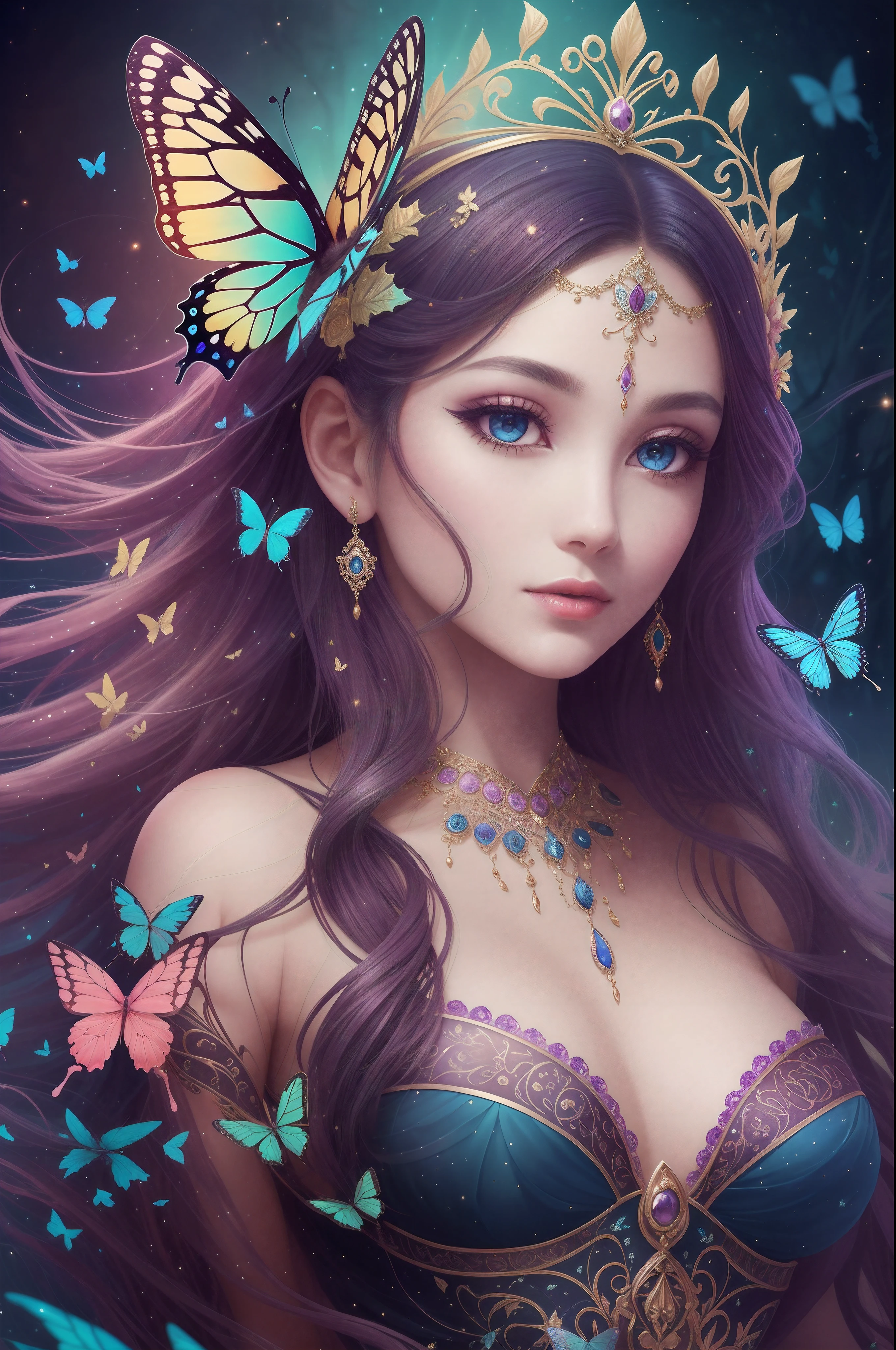 Mystical Elegance: The Enchantress of Ethereal Dreams
In a world draped in ethereal mist, a figure emerges, donned in a crown of blooming purples and vibrant blues. Her face, intricately adorned with jewels and shimmering paint, becomes a canvas telling tales of ancient magic and forgotten lore. Butterflies, enchanted by her aura, flit and dance, making her seem like the very spirit of nature's dreams. Each blink of her eyes might just be the flutter of a butterfly's wing, each whisper a rustle of leaves in the wind, masterpiece quietly, HD resolution --auto --s2