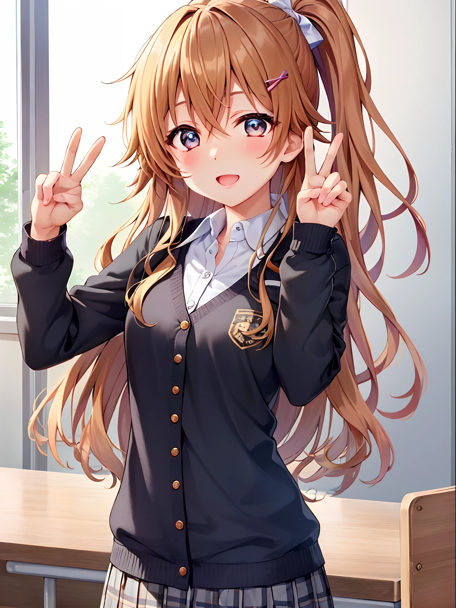 An ultra-high picture quality、(​masterpiece)、1girl in、[3D images:1.5],Attractive eyes、Cute Peace Sign、Standing、(​masterpiece:1.6、top-quality)、(Beautiful Eyes of Details:1.2)、(kanata_konoe:1.1), ,Teenage girl with light brown eyes, flaxen single ponytail,,, Wearing a school uniform, The scene is a classroom.