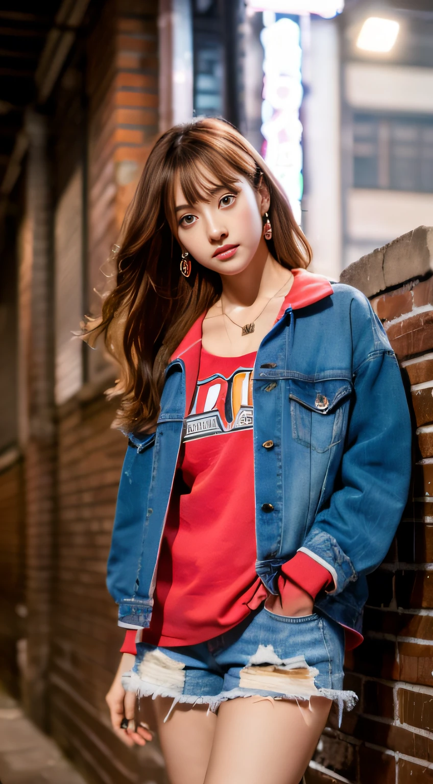 (masutepiece, Best Quality, 19-year-old female,, Solo, Intricate details, chromatic abberation), Realistic, ((Medium Breath)),Long hair, Red hair, Red decoration on the head, Pink Highlights, Amber eyes, earrings, Sharp eyes, Necklace, Neon Shirt, ripped shorts, Jacket without buttons, Night, against a wall, Brick wall, Graffiti, Sparkling Streetlights, main street, Look at the viewer、Realistic full-body images，