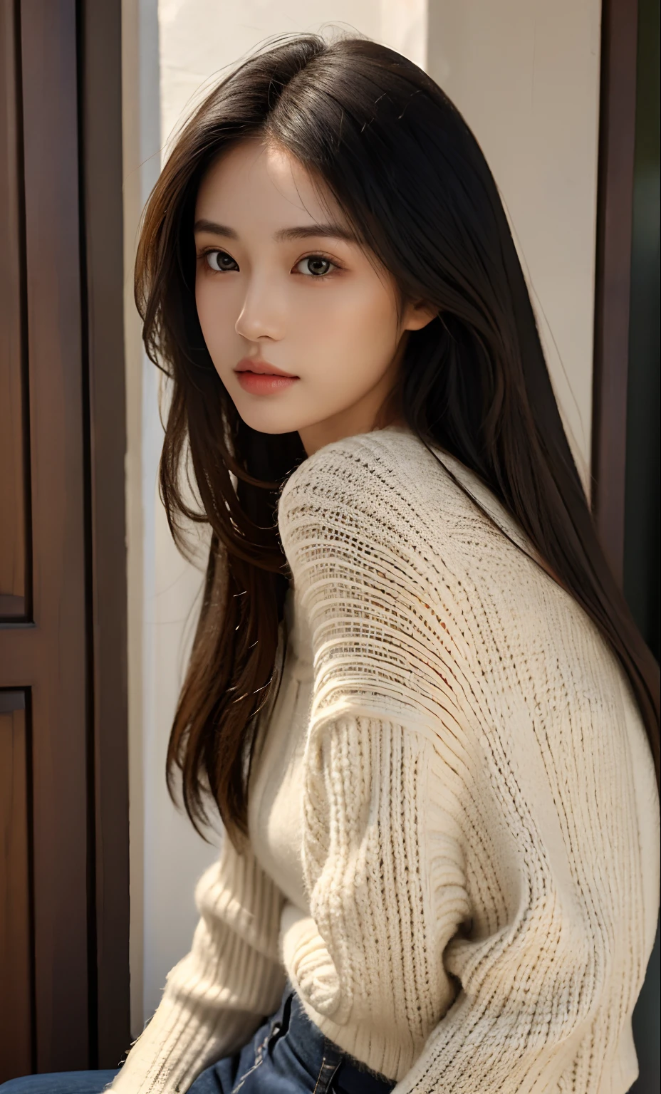 Slightly flared knit pants, Knitted clothing, Beautiful girl model, (Natural skin texture, hyper photorealism, Soft light, Avant-garde), 1 girl, Natural facial expressions, Asian girl with long hair, beautiful face