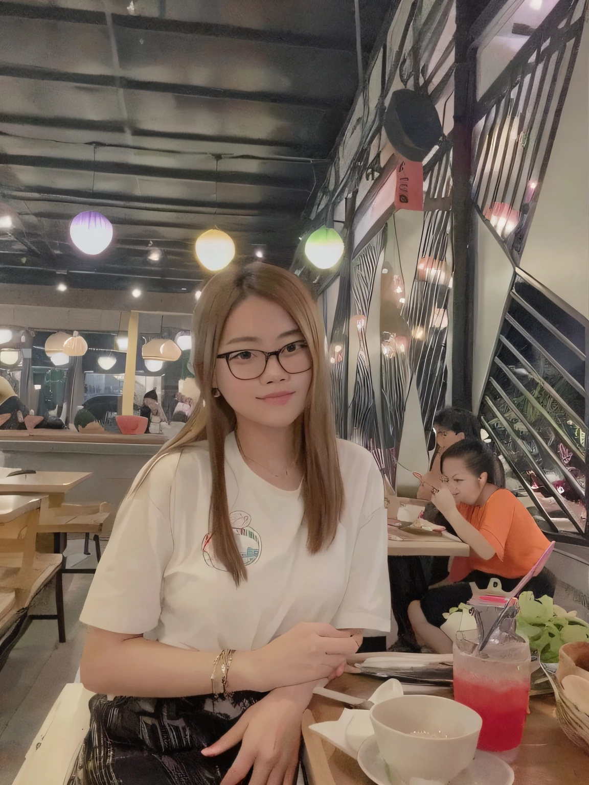 there is a woman sitting at a table with a tray of food, dang my linh, very very low quality picture, hoang long ly, very very low quality, mai anh tran, 🤬 🤮 💕 🎀, ☁🌪🌙👩🏾, nivanh chanthara, in style of lam manh, fish in the background