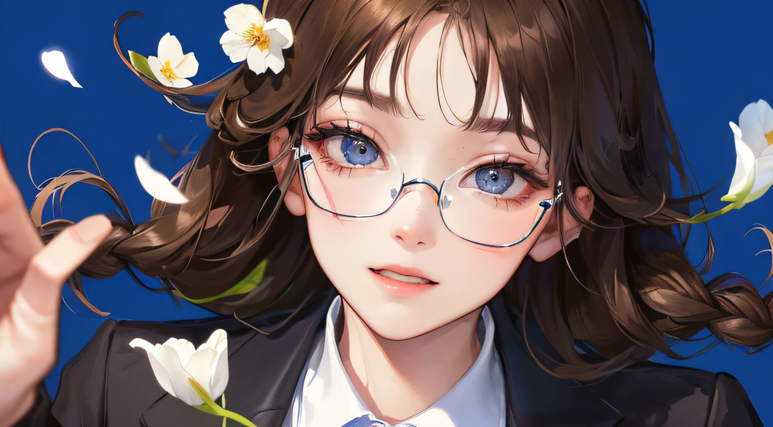 (((1人の女性)))、(Top resolution、Distinct_image) best qualtiy、((Black Suit Jacket)),(((Transparency)))、contrasts of light and shadow、eye glass、Simple blue background、((Soaring white petals))、((illuminating))、ighly detailed、Semi-realistic、Brown hair、Braided hairstyle、Smile、bangss、20yr old、Office Lady,,年轻、((White shirt))、((View from above))、delicated facial features、Facial features、