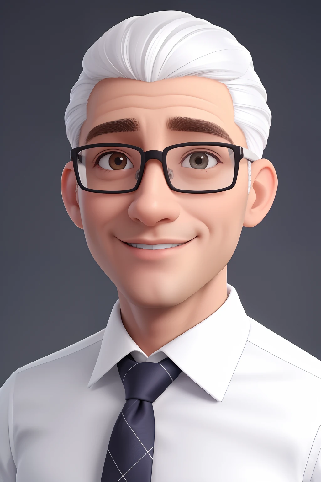 Um homem de 45 anos, com cabelos castanhos curtos,face de diamante, olhar rigoroso, e olhos castanhos, Wearing white white shirt with tie and glasses.