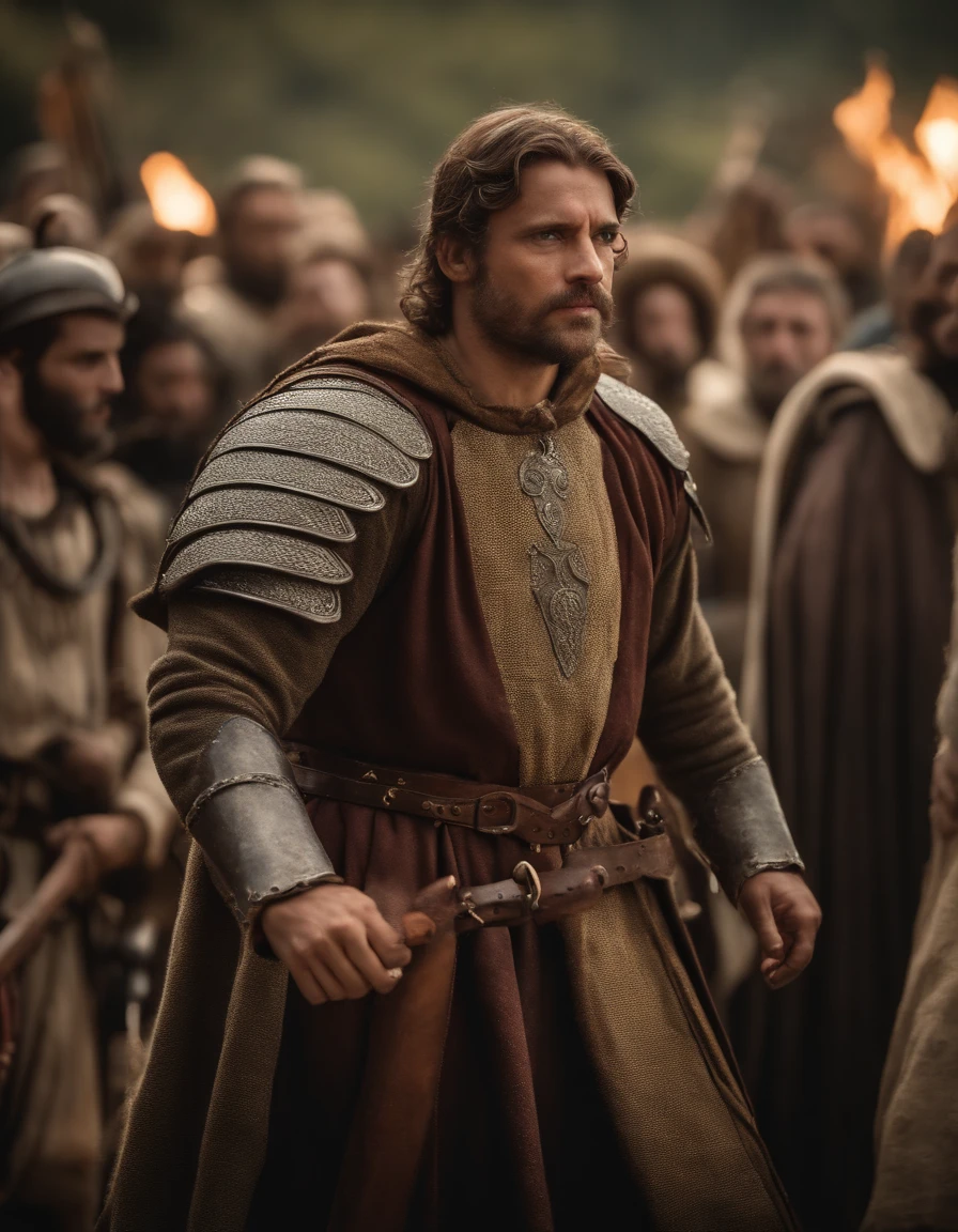 cinematic portrayal, parte superior do corpo, rosto, facing the audience, (realidade :1.3), uma das obras mais bonitas do mundo, A man looks at the camera, trajes medievais, (roupas velhas danificadas e desgastadas :1.4), rosto bonito detalhado, Action Shooting, Fundo antigo da cidade, fotos realistas, CG, Art Station
