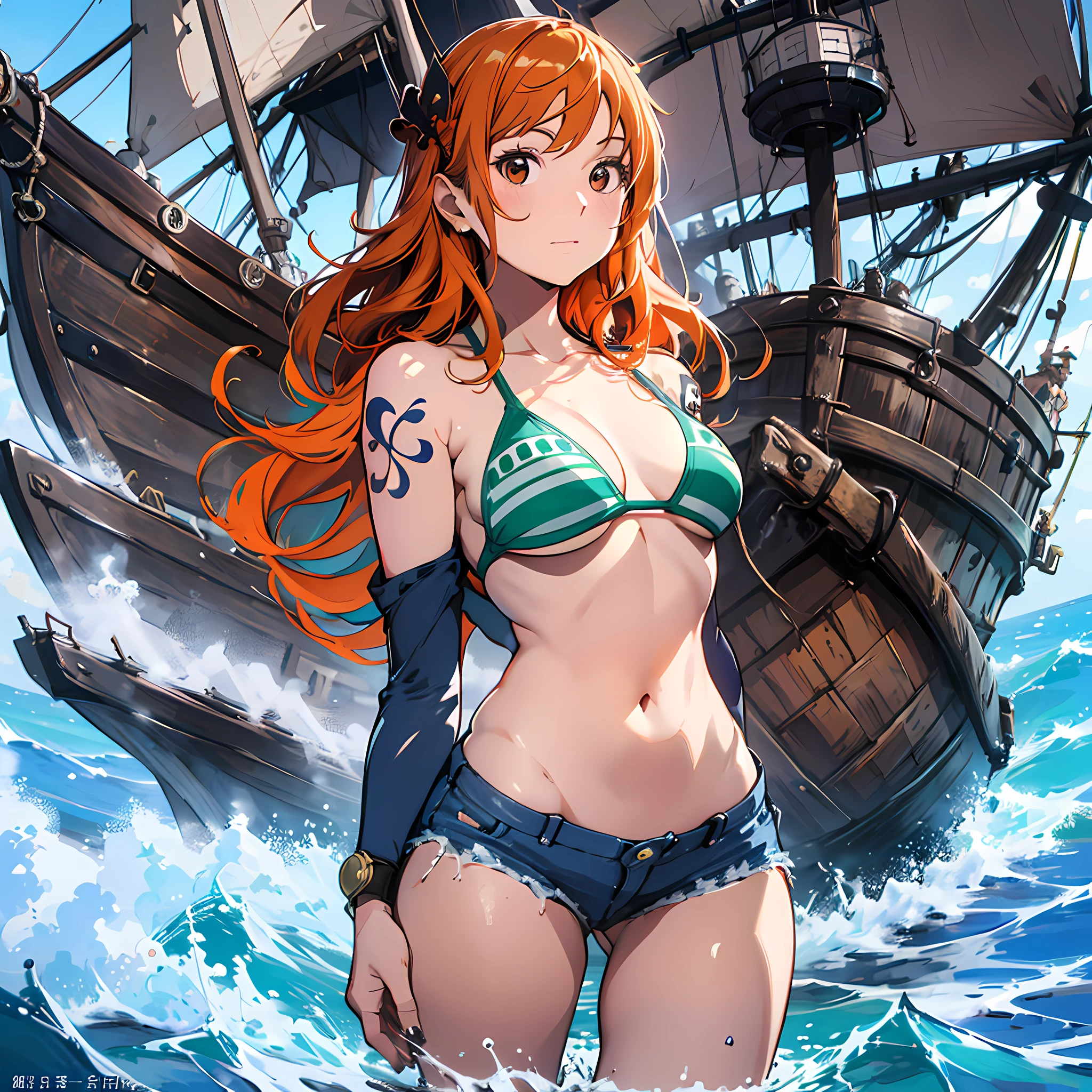 ​masterpiece、(Photorealsitic:1.5)、top-quality、beautiful  lighting、Pirate Ship、Nami \(Onepiece\),28 year old、Model style、small-medium sized breasts、1womanl,Sea,On board a pirate ship、Blue and green color swimsuit, jeans、Gravure Pose, sexypose、Attractive composition、length hair, look at viewr, A slight smil, orange color hair, Tattoos on the shoulders, 独奏, Convoluted, high detailing, foco nítido, Dramatic, Beautuful Women , (Raw photography, 8K UHD, film grains), Caustics, Sub-surface scattering, Reflectors、