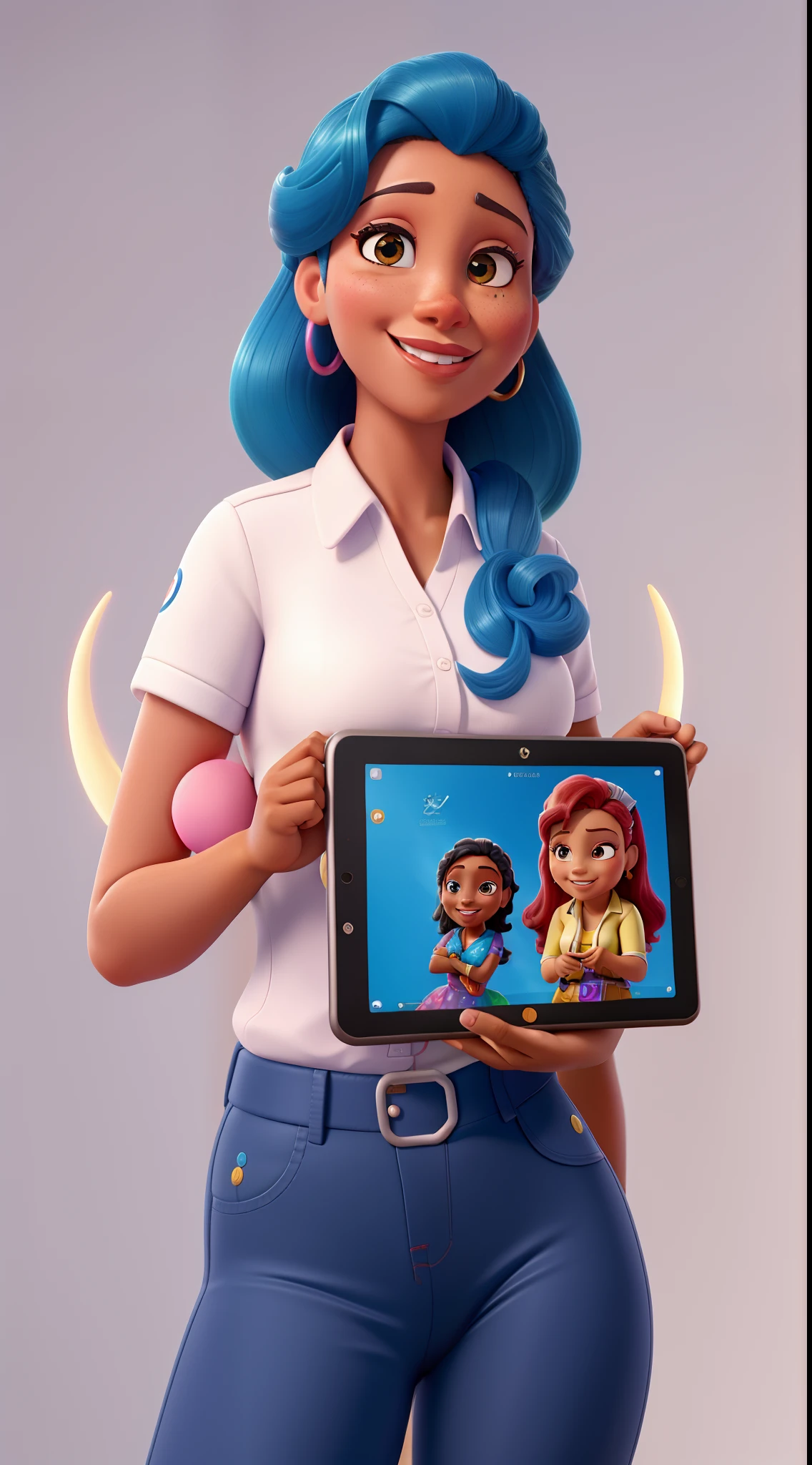 mulher segurando um tablet com um teclado colorido nele, com pele morela clara, using a magical tablet, Tecnologia, Disney Pixar Version
