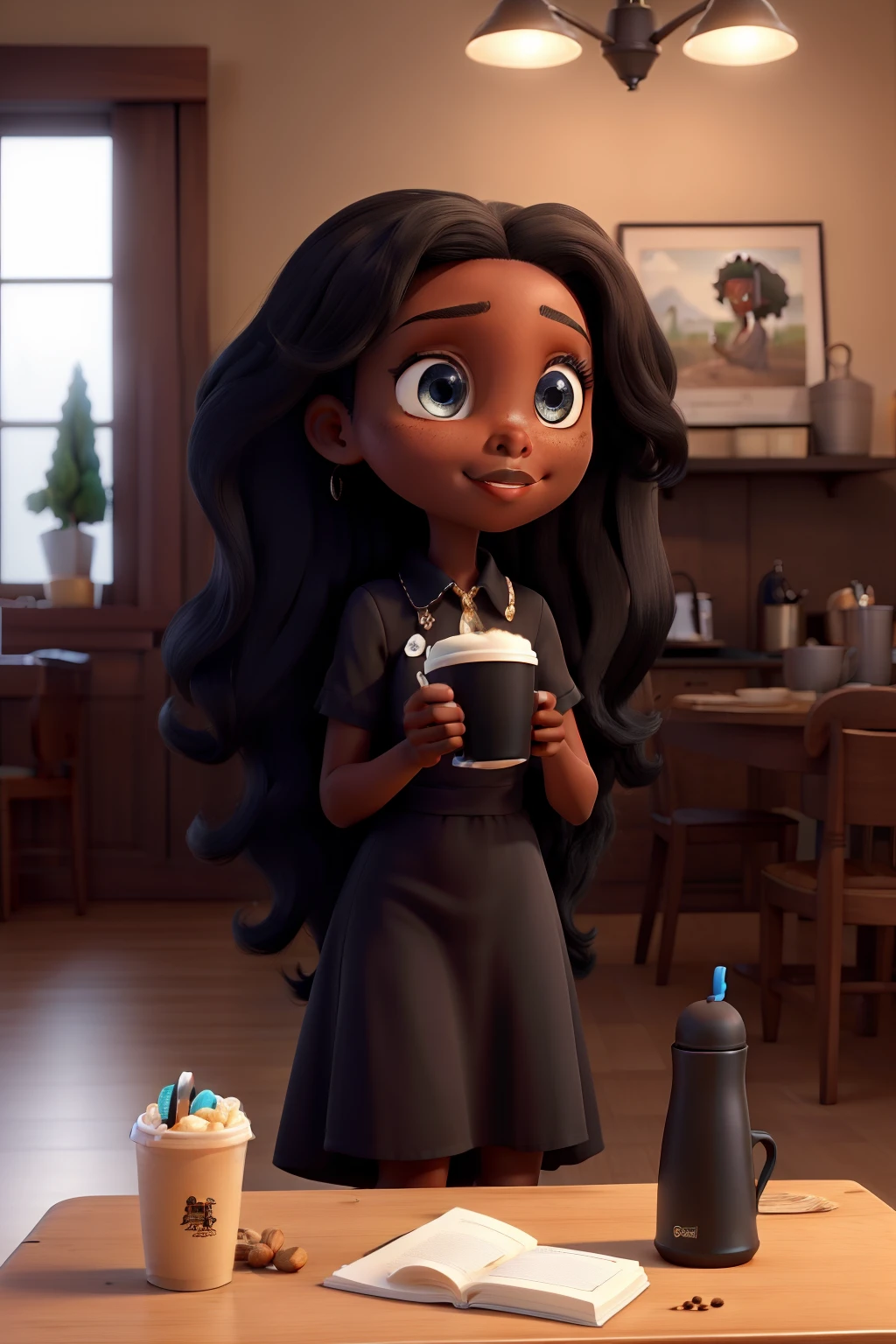 Masterpiece, of the best quality, a black girl, long black hair, blue eyes, long black dress, drinking coffee.