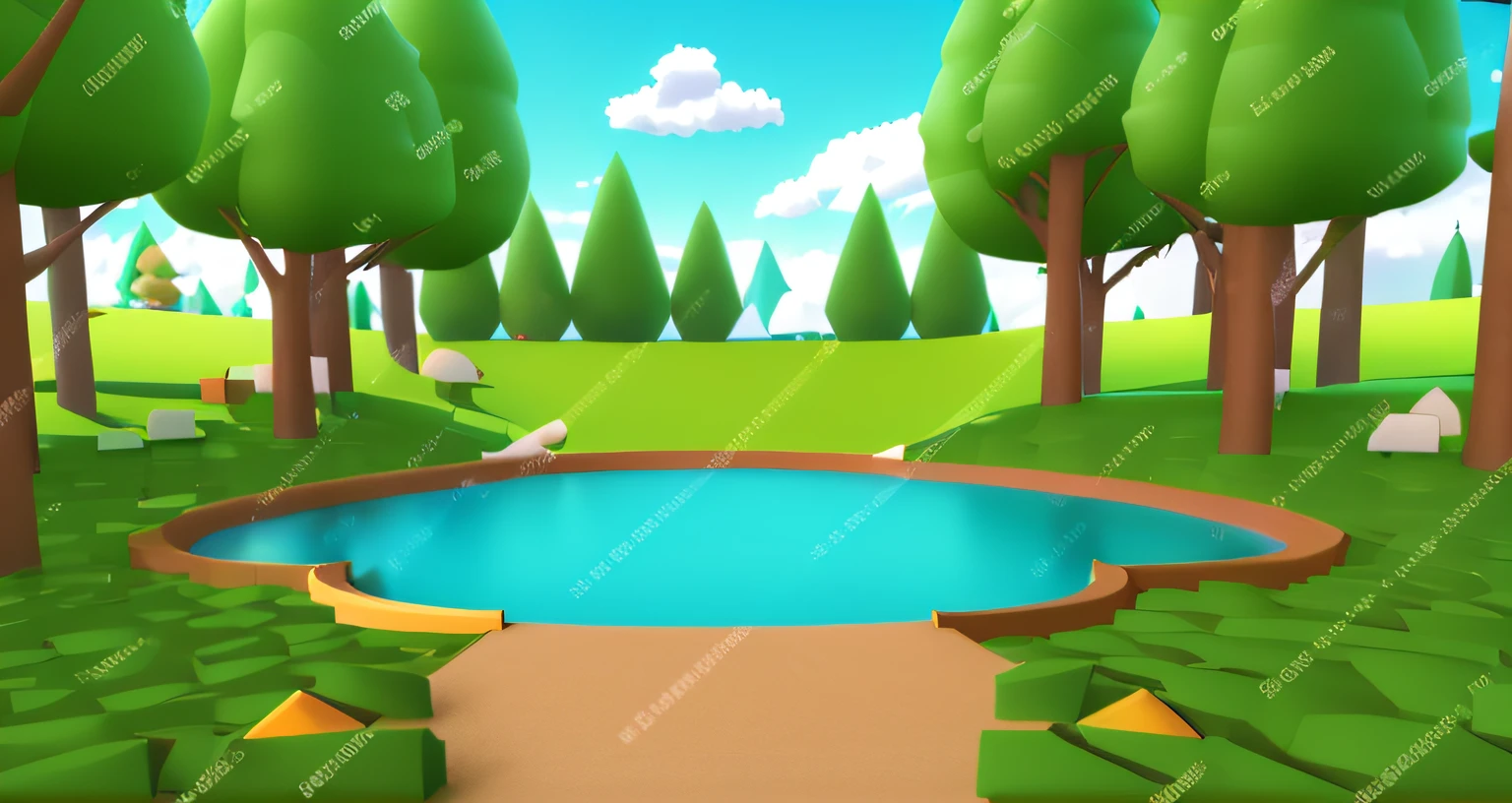 A 3D rendered landscape with a lake and trees, 3 d stylize scene, fundo do parque, Paisagem 3D, Paisagem 3D, Cena 3D, Cena 3D, 3 d render stylized, Ambiente em segundo plano. 8 mil, Fundo ensolarado do parque, fundo estilizado, Meio Ambiente da Natureza, 3D estilizado, pequeno lago, Paisagem da lagoa, paisagem do parque