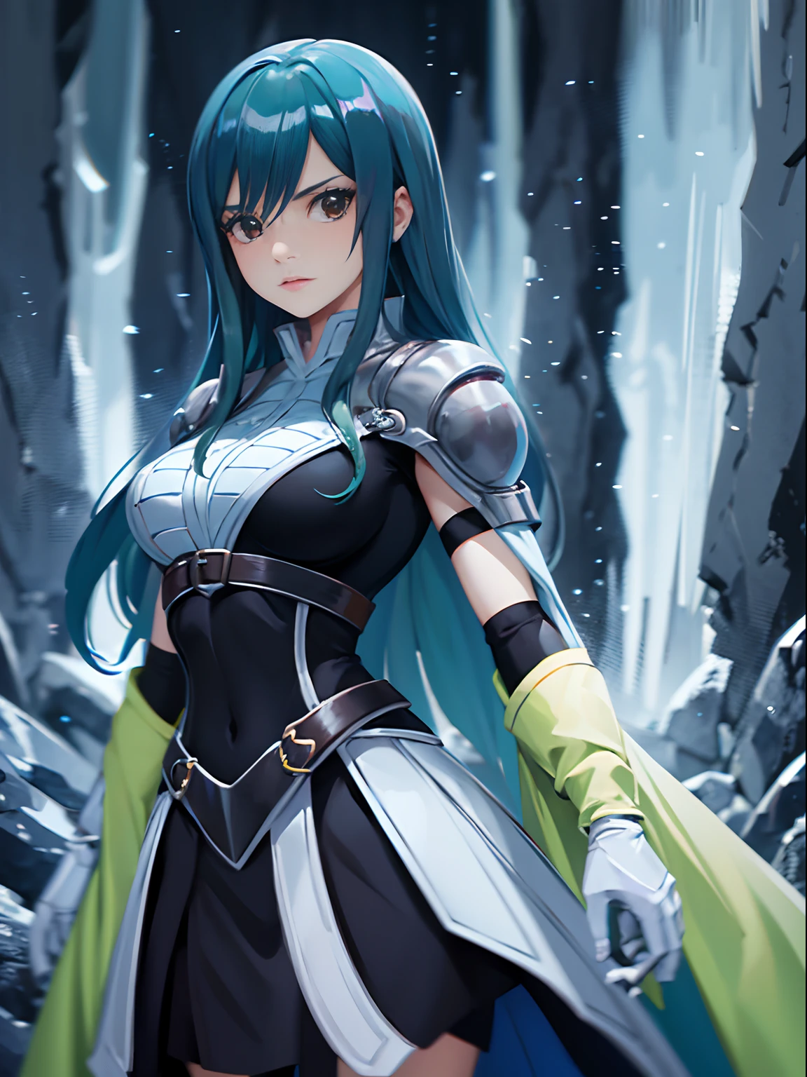 Aria Drakoria es una joven de belleza deslumbrante con cabello largo y sedoso de color azul oscuro, que cae en cascada hasta la cintura. Sus ojos son de un intenso color verde esmeralda, Full of determination and mystery. Tiene una estatura elegante y una figura esbelta, with delicate yet athletic curves. Su vestimenta refleja su poder y confianza. Lleva una armadura plateada adornada con detalles azules y dorados, que resalta su gracia y fuerza. Furthermore, She wears a flowy blue cape behind her, lo que le da un aire majestuoso. Completa su atuendo con botas altas de color negro y guantes de cuero azul. Aria possesses a unique combination of powers from the protagonists of Fairy Tail: