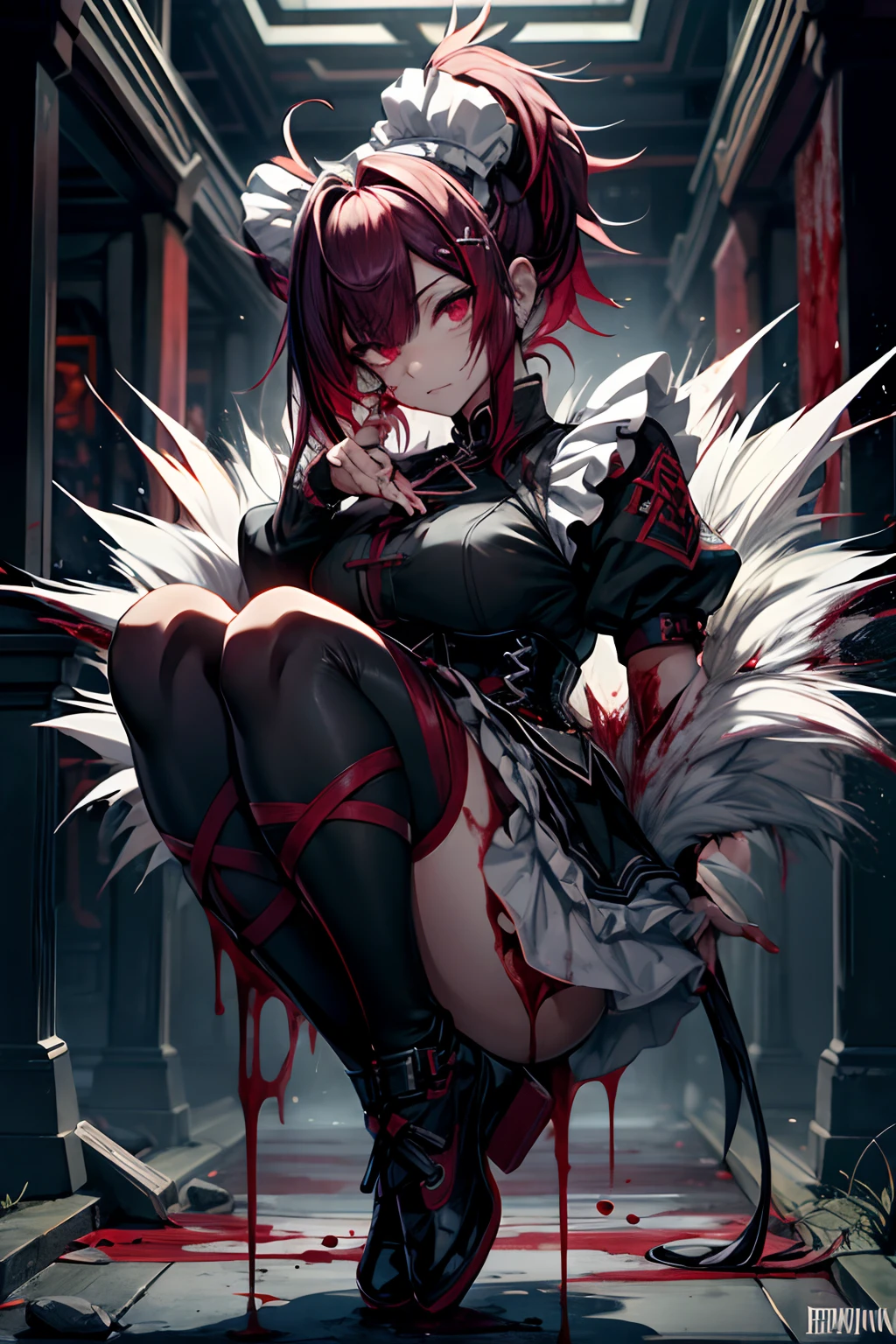 Kungfu、kick、Dynamic、Acrobatic、full body Esbian、crosses、Goth Punk、Longhaire、Twin-tailed、dishevled hair、long、Blunt bangs、Ahegao 、dead body、Blood everywhere、blood splashing、dark hue、Red hue、maid、Green hair、