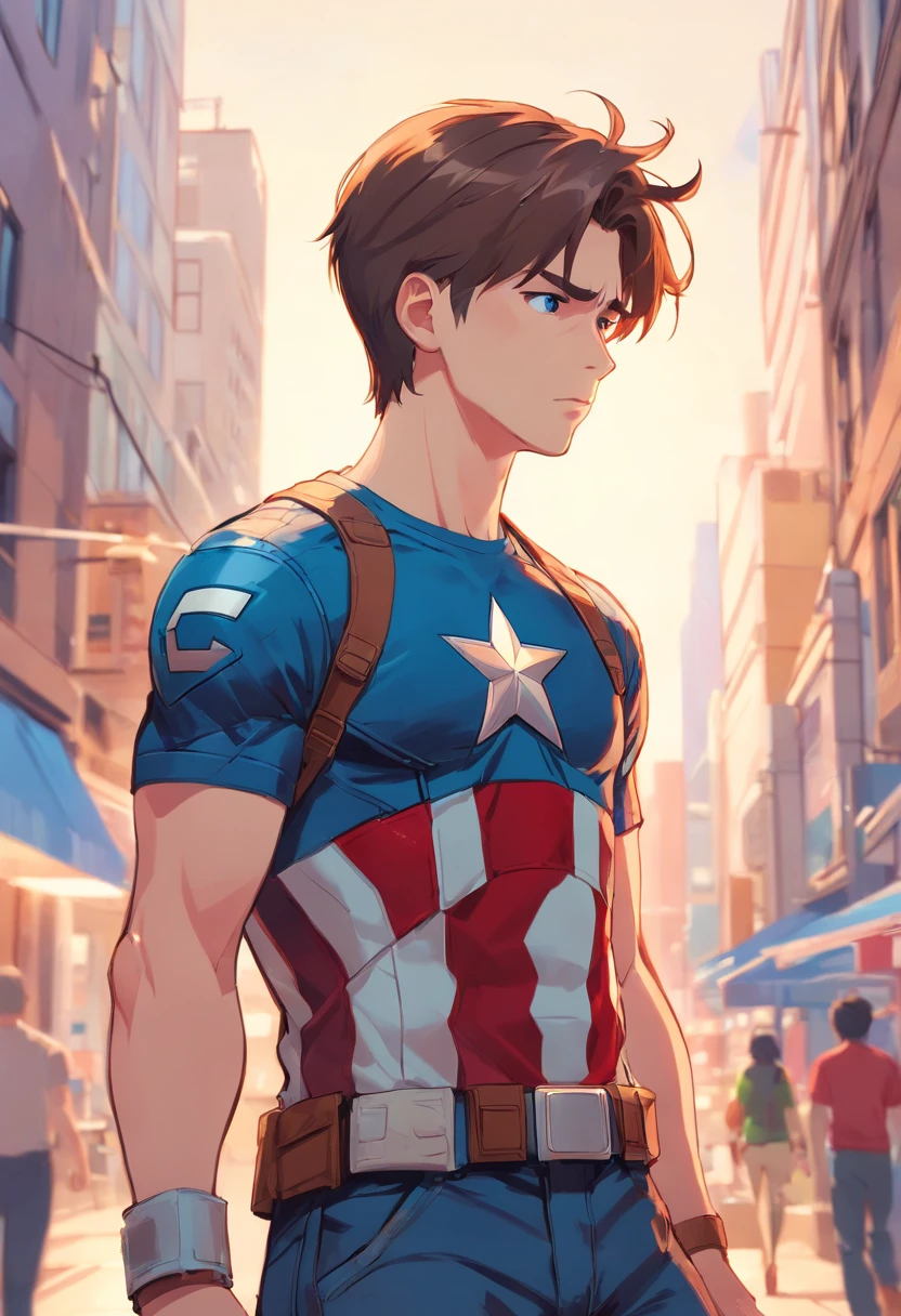"A detailed illustration of Captain America wearing a t-shirt, Olhando para o horizonte."