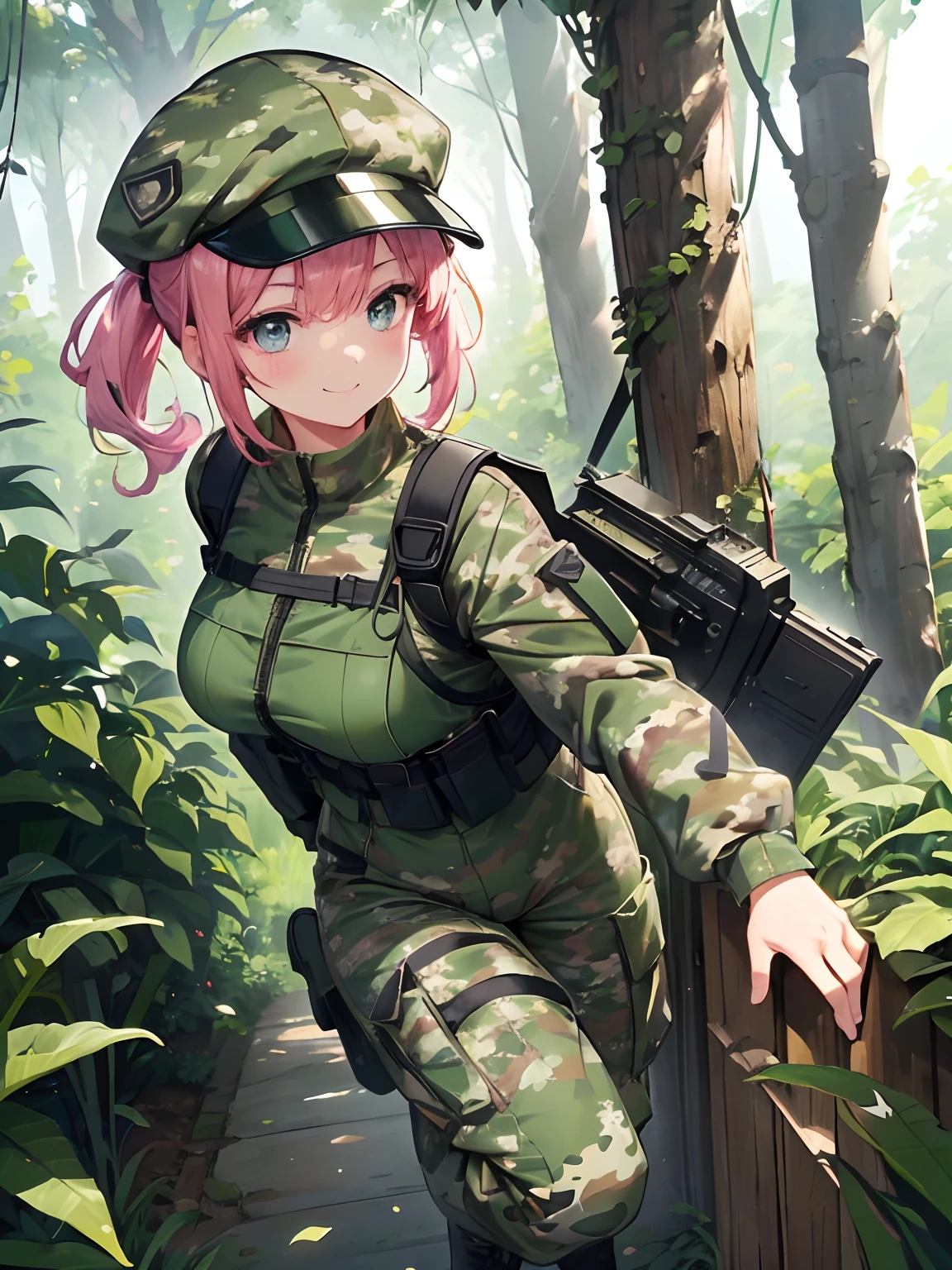(top-quality)),(An unparalleled masterpiece),(Super exciting),(Unified 8K),(extremely clear),(Very sophisticated),(Anime-like),(2D Photography)、Full body depiction、japanaese girl、a 、Pink shorthair、Pink short ponytail、drooing eyes、blue eyes、long eyelashes、tthin eyebrows、Beautiful breasts、、Green Camouflage Jacket、Green Camouflage Cargo Pants、Green camouflage hat、bulletproof vest、forested background、closes mouth、Smiling smile、Flushing on the face、Fearless expression、Detailed background depiction、Accentuate facial expressions、Military boots、The depiction is a single person、Hiding in the bushes