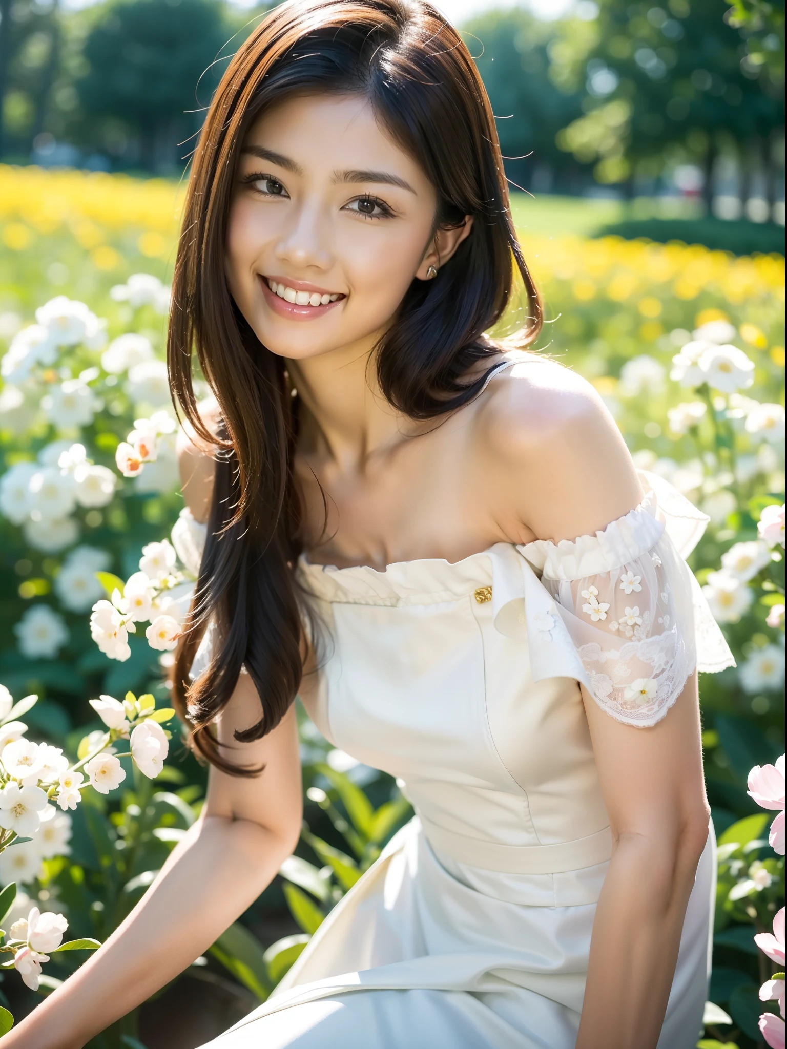 Best quality, masterpiece, ultra high res, (photorealistic:1.4), raw photo, 1girl, white dress, off shoulder, blossom flower field, glowing skin, light smile