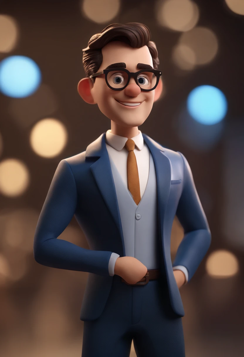Cartoon character of a man wearing black glasses and a blue shirt, um personagem animado, Caractere estilizado, animation style rendering, 3D estilizado, Arnold Maya render, 3 d render stylized, toon render keyshot, Personagem 3D, Personagem 3D, 3d rendering stylized, 3 d character render, personagem de desenho animado, Personagem de close up, Pose de personagem, (Estilo Pixar) (master part:1.2) (Bokeh) (best quality) (pele detalhada) (textura detalhada) (8k) (argila) (Cinematic lighting) (foco nítido,Senta e vaza a parte superior do corpo