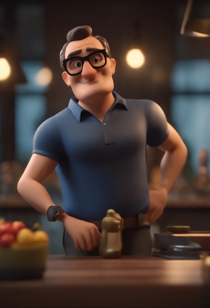Cartoon character of a man wearing black glasses and a blue shirt, um personagem animado, Caractere estilizado, animation style rendering, 3D estilizado, Arnold Maya render, 3 d render stylized, toon render keyshot, Personagem 3D, Personagem 3D, 3d rendering stylized, 3 d character render, personagem de desenho animado, Personagem de close up, Pose de personagem, (Estilo Pixar) (master part:1.2) (Bokeh) (best quality) (pele detalhada) (textura detalhada) (8k) (argila) (Cinematic lighting) (foco nítido,Senta e vaza a parte superior do corpo