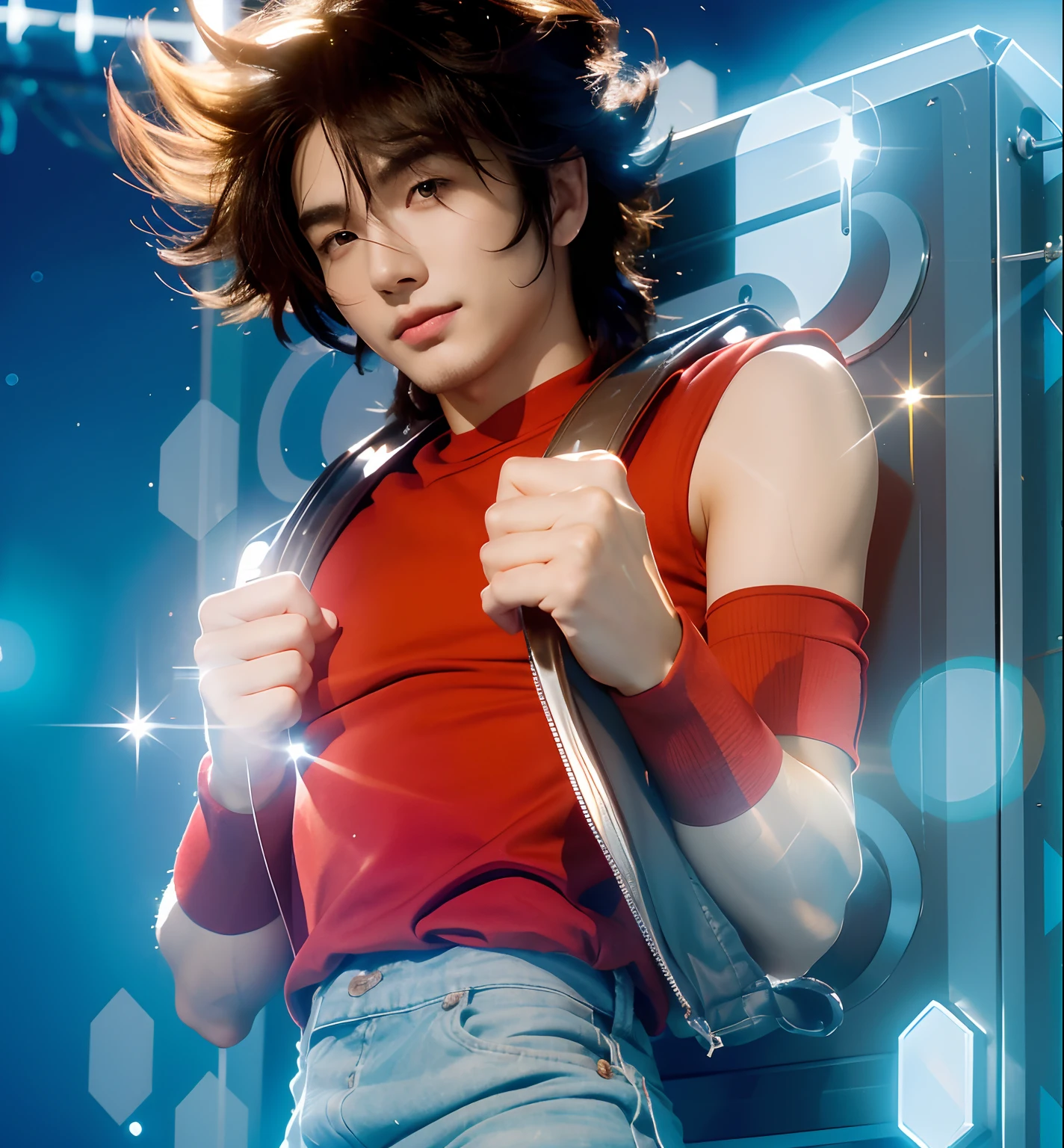 (masterpiece), (realistic) , close up port hair of a man, (male), 20 years old, asian (1boy), solo, slightly side view, pretty handsome man, ((pretty big brown eyes)), slightly smile, wearing, short brown hair, (bangs), hair blowing in the air, upper body, red regatta, bands on arms, light blue jeans, holding handles, metal box on his back, (chrome metal box), leather shoulder straps, looking the viewer, cinematic lighting, ((beardless)).
