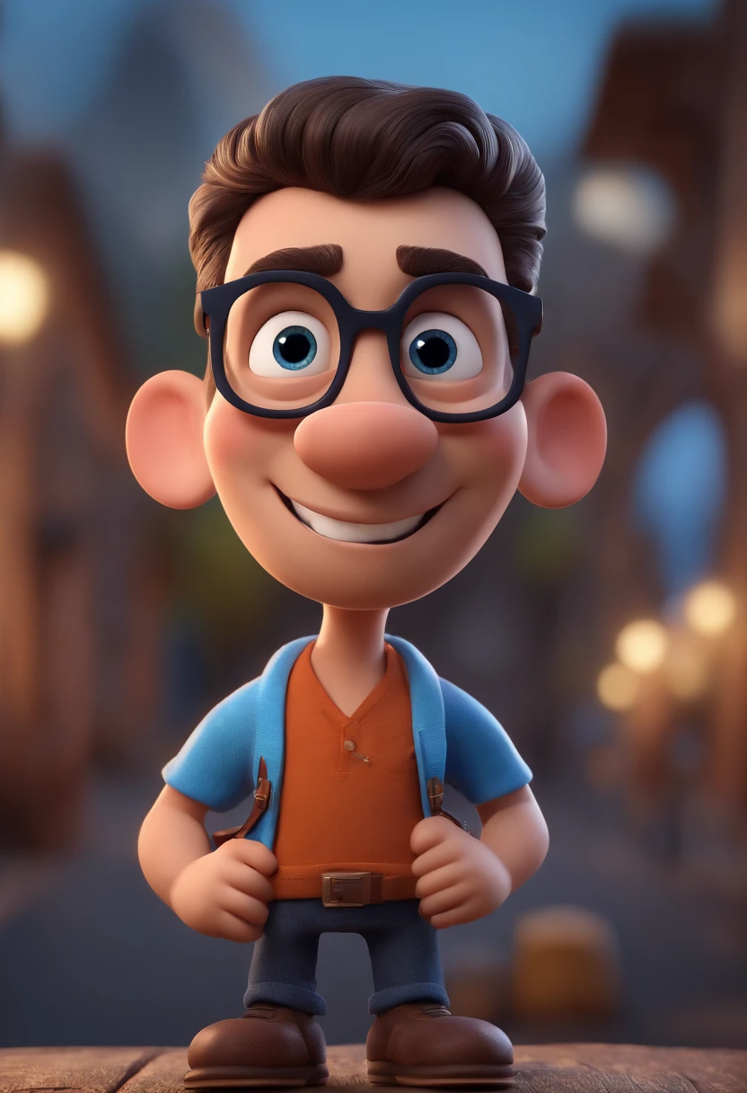 Cartoon character of a man with black glasses and a blue shirt, animation character, Caractere estilizado, animation style rendering, 3D estilizado, Arnold Maya render, 3 d render stylized, toon render keyshot, Personagem 3D, Personagem 3D, 3d rendering stylized, 3 d character render, personagem de desenho animado, Personagem de close up, Pose de personagem,  (Estilo Pixar) (master part:1.2) (Bokeh) (best quality) (pele detalhada) (textura detalhada) (8k) (argila) (Cinematic lighting) (foco nítido