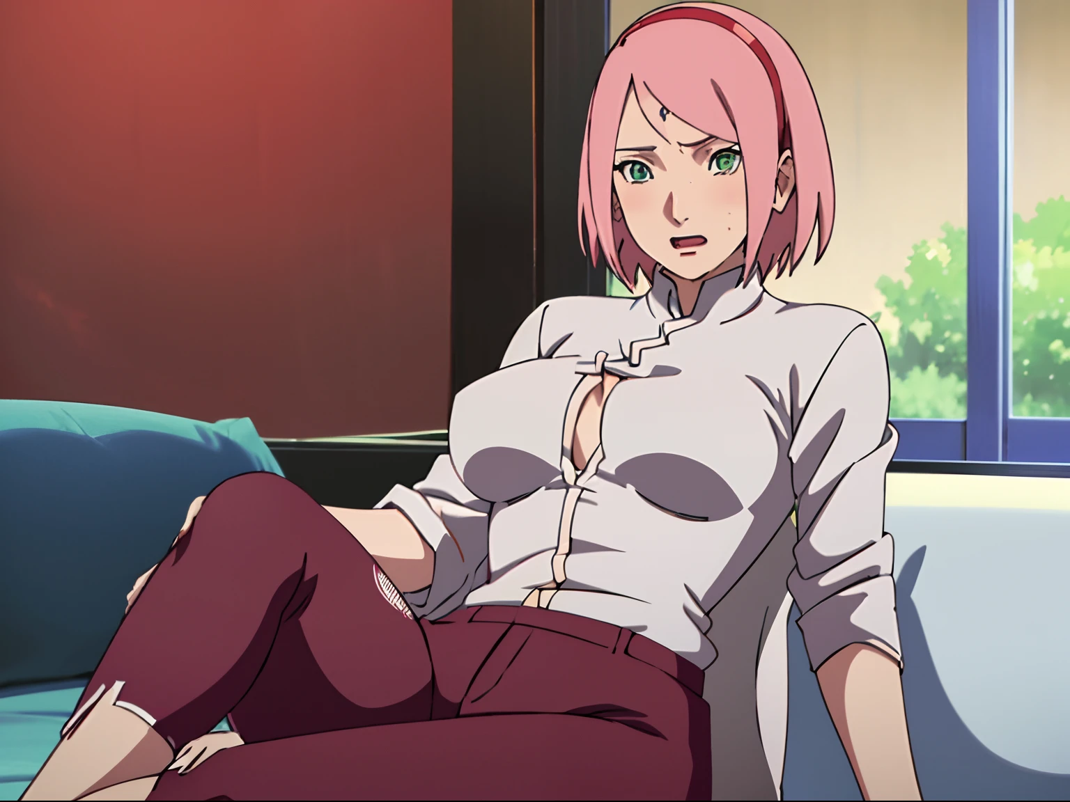 (Best quality:1.3), ,One guy,,Medium breasts, White color blouse, short denim skirt, angle of view, Be red in the face,Blush 1.5,inside in room,liveroom,Sitting,Show off your thighs,Particularly heavy blush,Pose while lying on the couch,pink short hair,One leg up,Hold your legs with both hands,