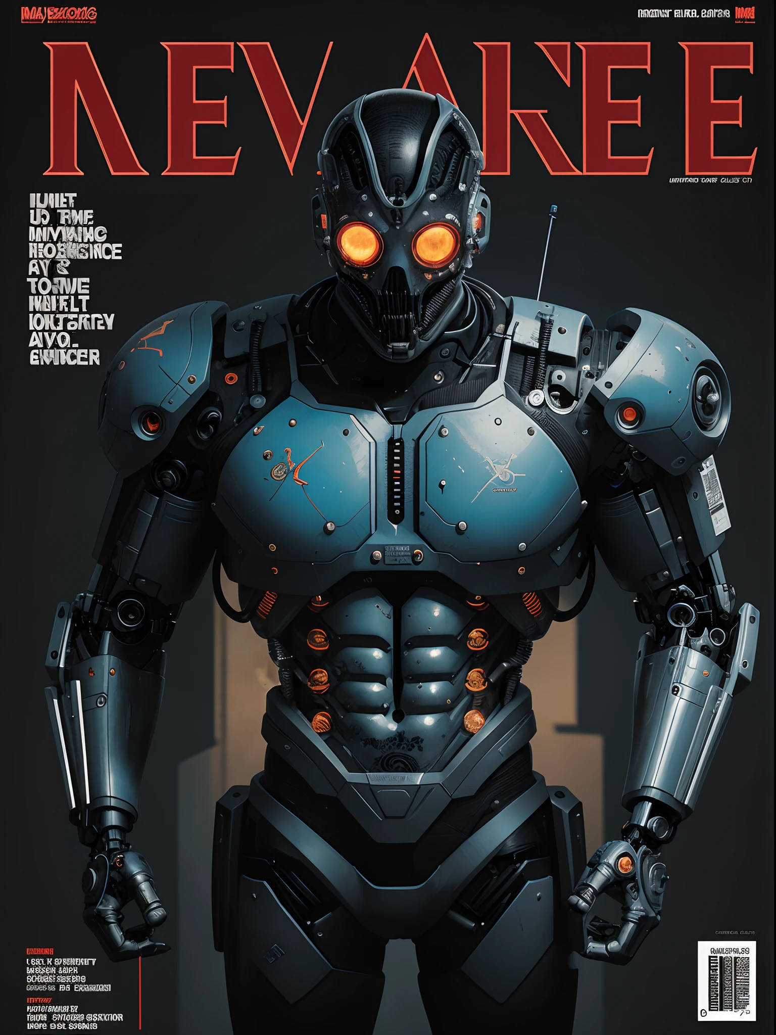 (male) marksman cyborg, european male, magazine cover, poster art , Lovecraftian horror tattoos, Distinctive Character Designs, bold huge text, matted design layout, strong, bold inking techniques, crystals technological elements