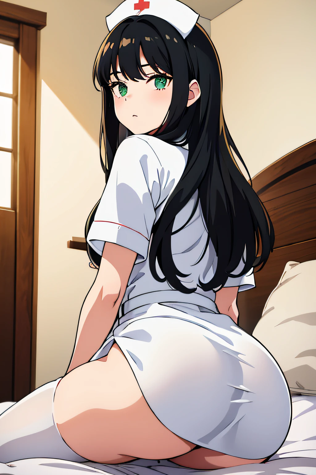 1 girls, (green eyes:1.5), long black hair, solo, nurse, ((white nurse cap, white nurse's outfit))), ((white legwear, zettai ryouiki)), white gloves, facing away from the camera, backside, lying on bed with doggy style sex position, back, butt, bedroom, sharp outline, short sleeves, camera angle from behind, full body, best quality, masterpiece