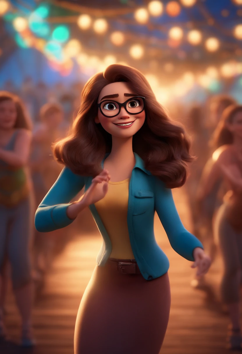 Pixar style image with 3D character white glasses brunette woman long straight hair dancing, Maquiagem Disney,Pescador, bonitinho, sorridente ,Close-up, Pixar, Disney, Cinema lighting,