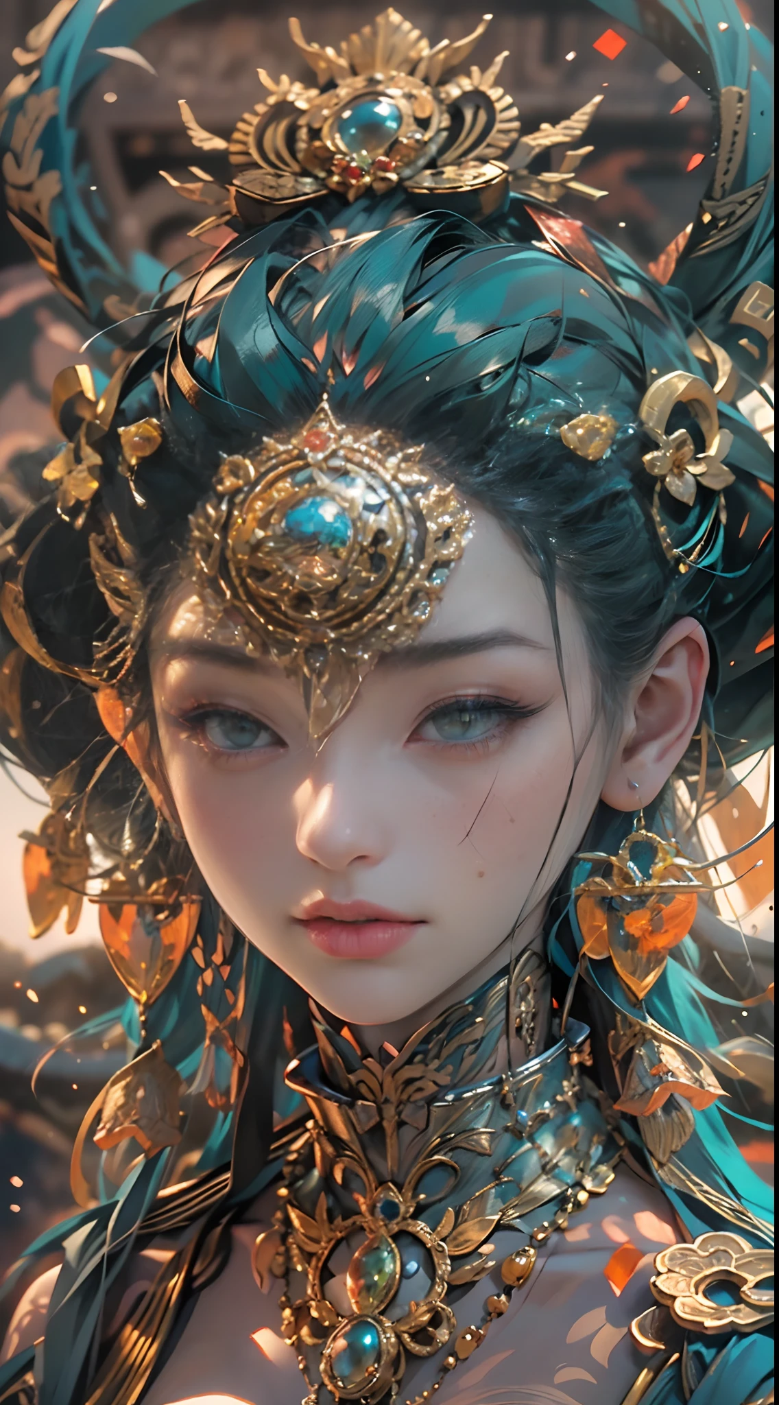 Detailed face, Detailed eyes，Describe a mythical story of Nuwa mending the sky，Chinese mythology and stories，She smelted the five-colored stones to mend the heavens；Stopped the monstrous floods。Deep background，absurderes，Fantastic and incredible，Epic composition，(Complicated details，Hyper-detailing:1.2)，Ultra photo realsisim, epic realistic, ((com cores neutras)),(pastel colour:1.2), Hyper-realistic, + cinema shot + Dynamic composition, Incredibly detailed, Sharpen, Cinematic, warm lights, Light effect, Dramaticlight, (Intricate details:1.1), the complex background, (greg rutkovsky:0.8), (Teal and orange:0.3），Epic,