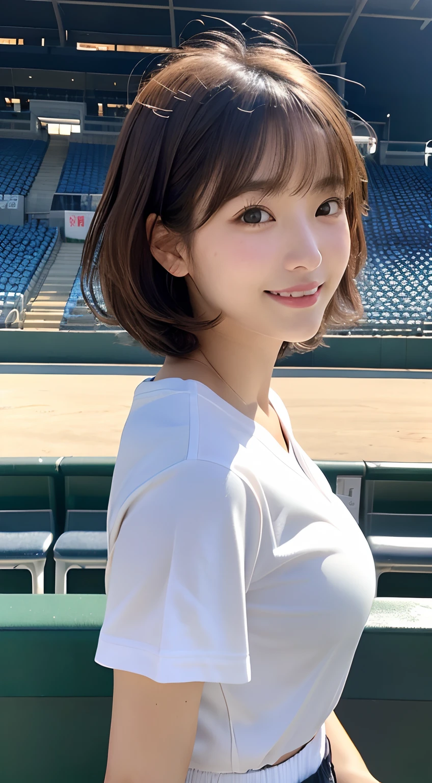 (top-quality,8K picture quality,masterpiece:1.3,),(超A high resolution:1.3,Photorealsitic:1.4,Raw photography:1.2),(ultra-detailliert:1.2,shinny skin,Detailed skin:1.1),(Detailed face,Perfect Anatomy,Caustics:1.2),(Girl cheering in the stands at the stadium:1.2),(Stand seats:1.1),(Sideways face:1.2),(Shot from the side:1.2),(Facing over there:1.2),composition from the waist up,kawaii,japanes,22year old,Japanese ido,Natural brown hair,Curl short hair outward,Pretty eyes,natural make up,huge smile,large boob,Oversized Baseball Uniform Shirt,White skirt,Professional Lighting,natural soft light,