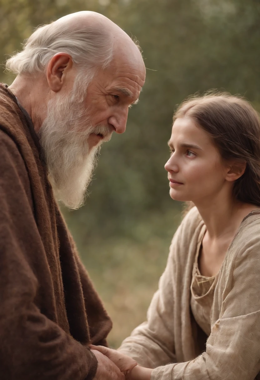 Old man talking with young daughter, Biblical characters from the New Testament of the Bible,
