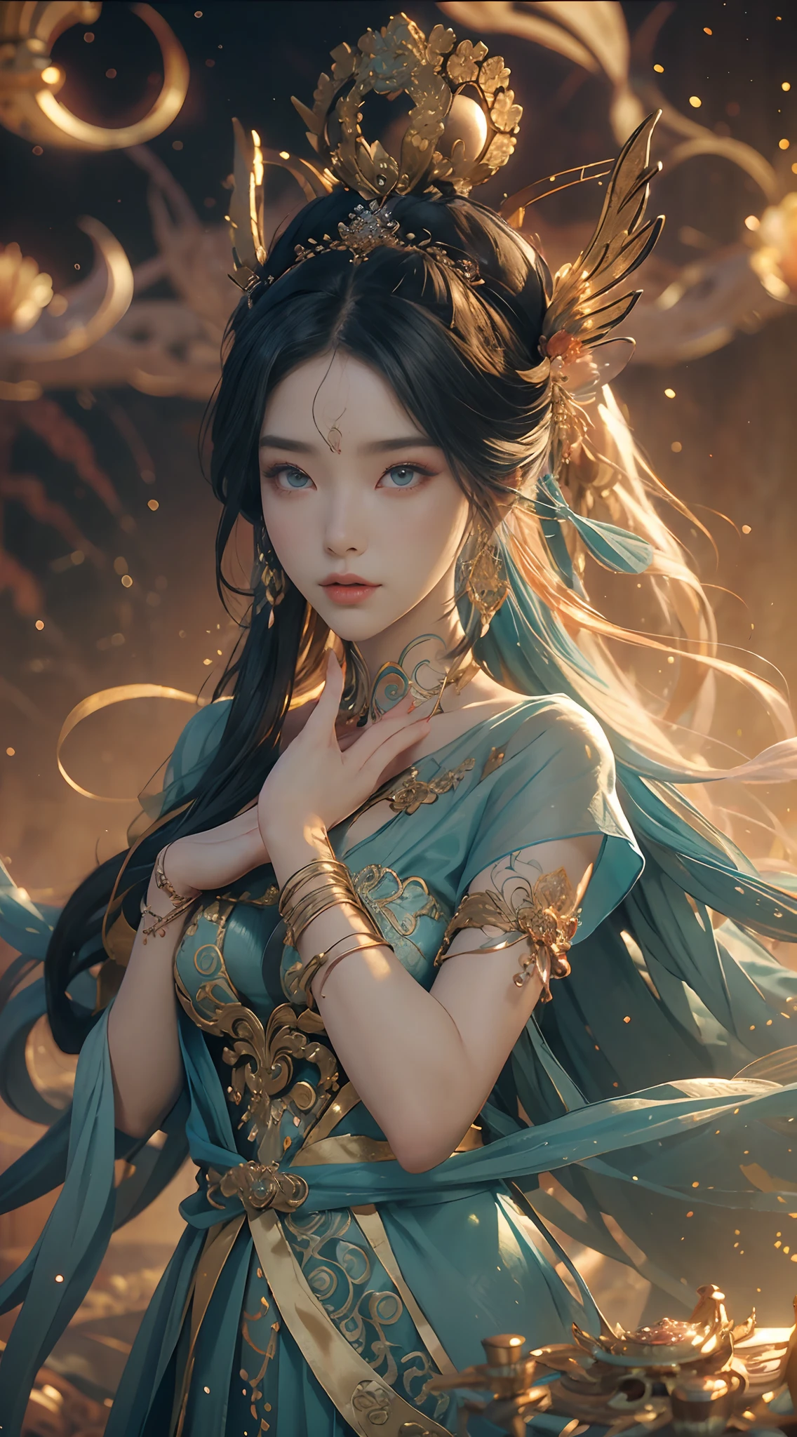 (Full Body of Extremely Detailed Dragon girl) with Sparkling Red eyes Cyan hair in a high ponytail, liquid hair, flowers, (Huge dragon head) in background, 8K TopQuality UltraDetailed Masterpiece of Professional Photo, HDR ultra-fine painting, LifeLike rendering, extreme detail description, professional, Bright colors, bokeh, (Exposed Hourglass Body Shape)