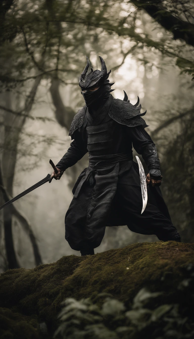 Visualize a scene in which a ninja is dressed entirely in black, holding a gleaming sword in their hand. The ninja is immersed in darkness, with only the outlines of their attire visible. As a backdrop, they are in a dense Japanese forest, where lush vegetation and ancient trees create a mysterious atmosphere.

Behind the ninja, a real dragon, majestic in size, stands as their protector. This dragon is not a mere illusion but an actual creature that hovers in the shadows of the forest, watching closely and ready to defend its master. Its presence adds a touch of magic and mystery to the scene, symbolizing the deep connection between the ninja and their supernatural guardian.