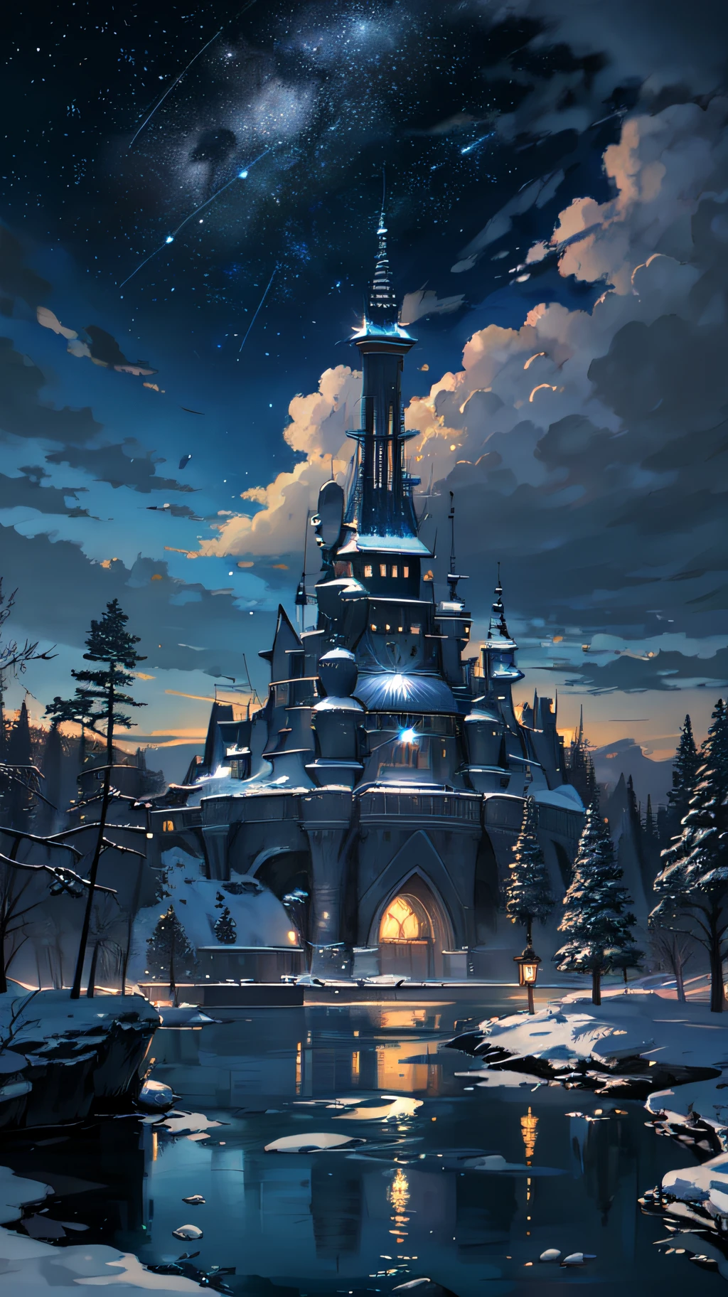 A painting of a river with stars and moon in the sky,The concept art was inspired by Tosa Mitsuoki,Pixiv competition winner,best qualtiy,Fantasyart,beautiful anime scenes,Ice Age,A bright moon,Starry sky environment in moonlight,Dream painting,Anime background art,dream scenery art,Fantastic night, anime backgrounds, background artwork, dreamlike art, Atmospheric anime, starrysky,Detail enhancement。